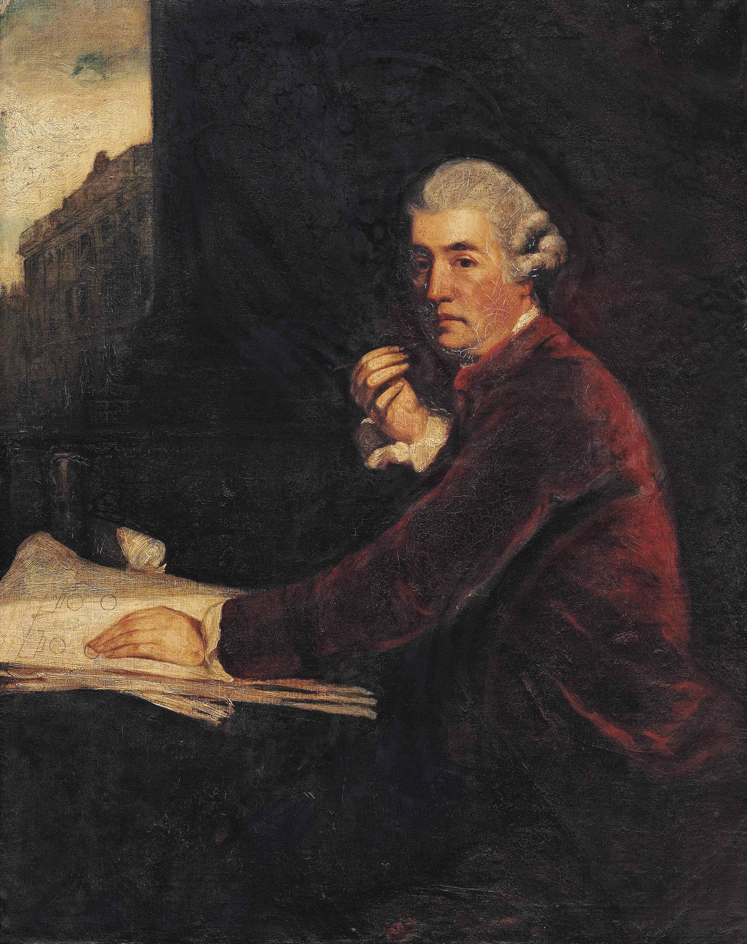 Sir Joshua Reynolds — Портрет сэра Уильяма Чемберса, члена Королевской семьи (1722-1796), в три четверти роста, сидящего за столом, в малиновом пиджаке, его левая рука покоится на архитектурных чертежах, перед задернутым занавесом, Сомерсет-хаус за ним