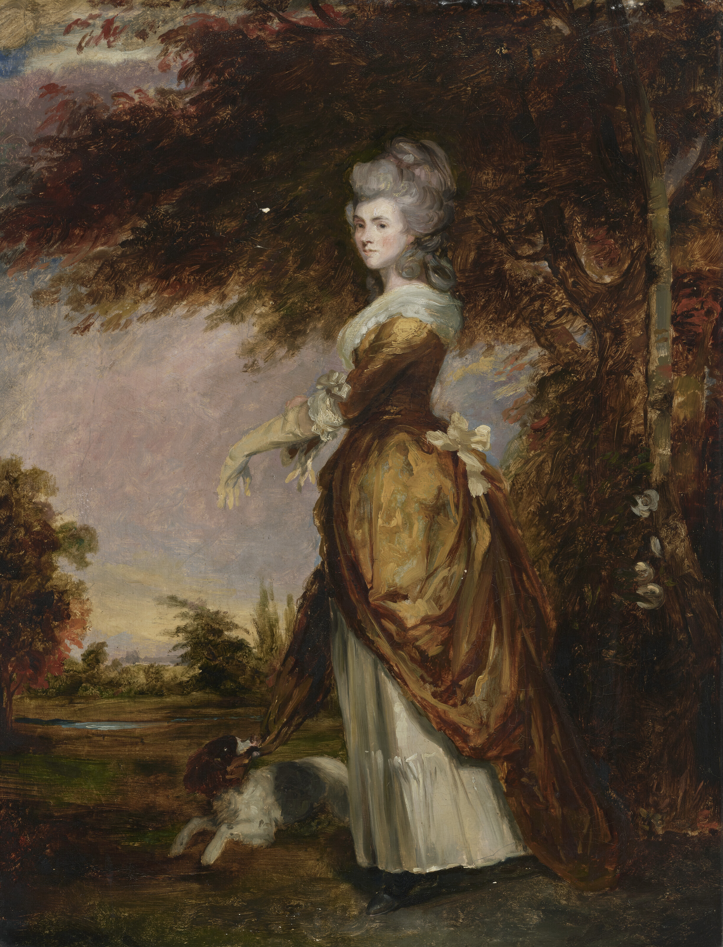 Sir Joshua Reynolds — Портрет Мэри Амелии "Эмили Мэри", маркизы Солсбери, урожденной Хилл (1750-1835), в полный рост, со спаниелем, дергающим ее за платье, на фоне пейзажа, изображение 2