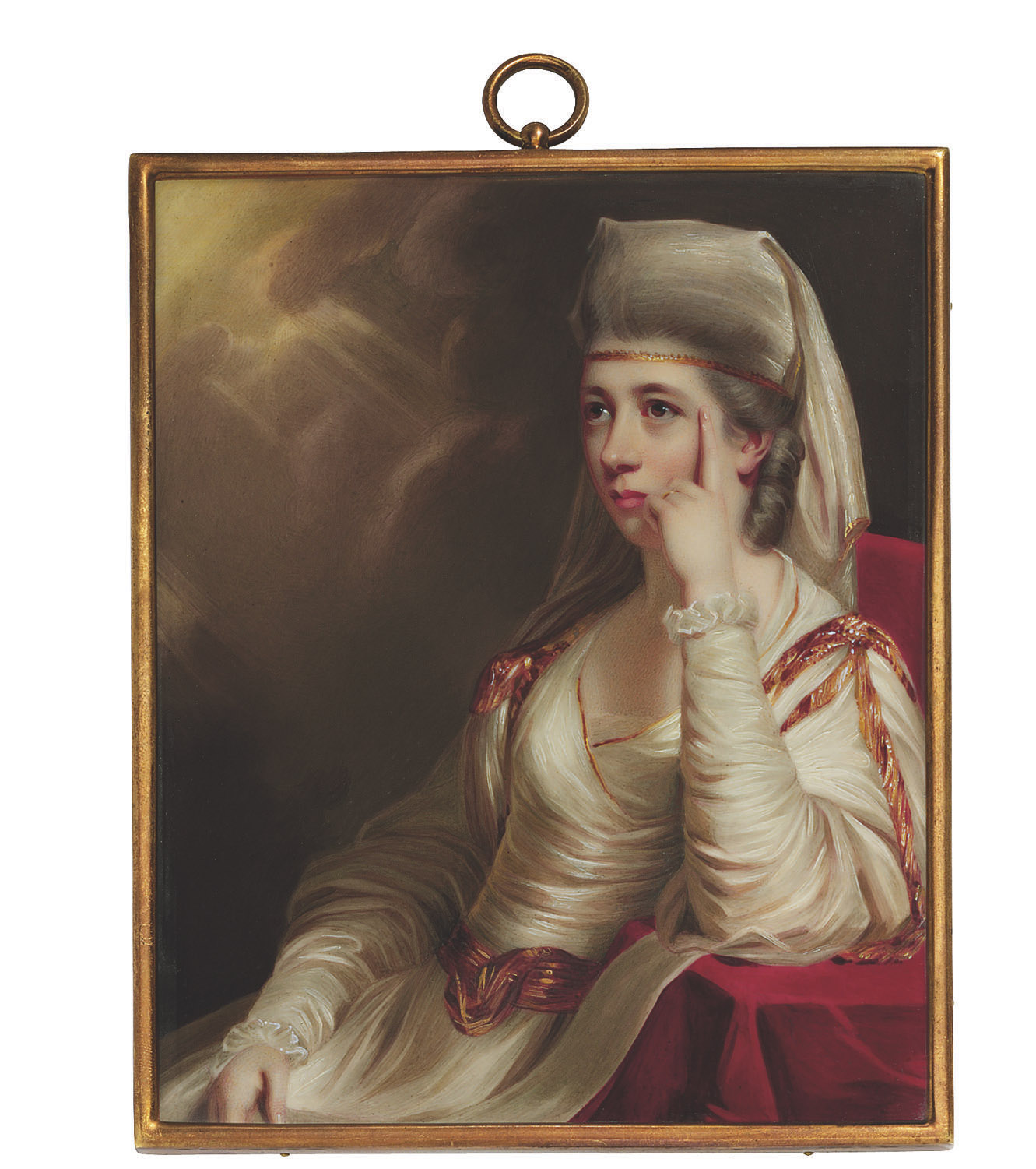 Sir Joshua Reynolds — Маргарет Джорджиана, графиня Спенсер, урожденная Пойнтц (1737-1814), сидит на стуле с красной драпировкой, прижав руку к щеке, в белом платье с золотой отделкой и газовом платке на напудренных волосах, уложенных локонами, на фоне грозового неба.