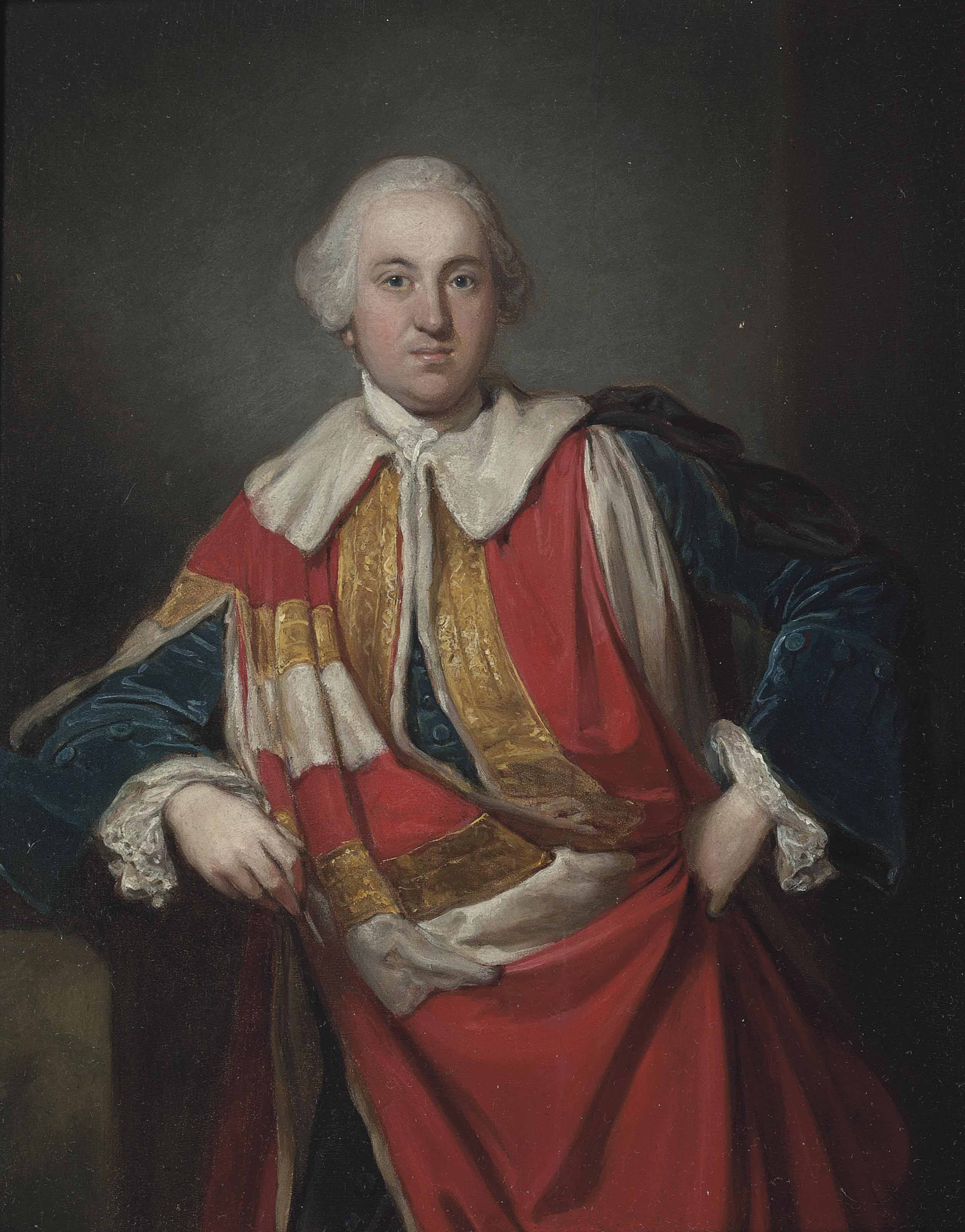 Sir Joshua Reynolds — Портрет Ричарда, 2-го барона Эджкамба (1716-1761), небольшой, в три четверти роста, в мантии пэра поверх темно-синего бархатного костюма