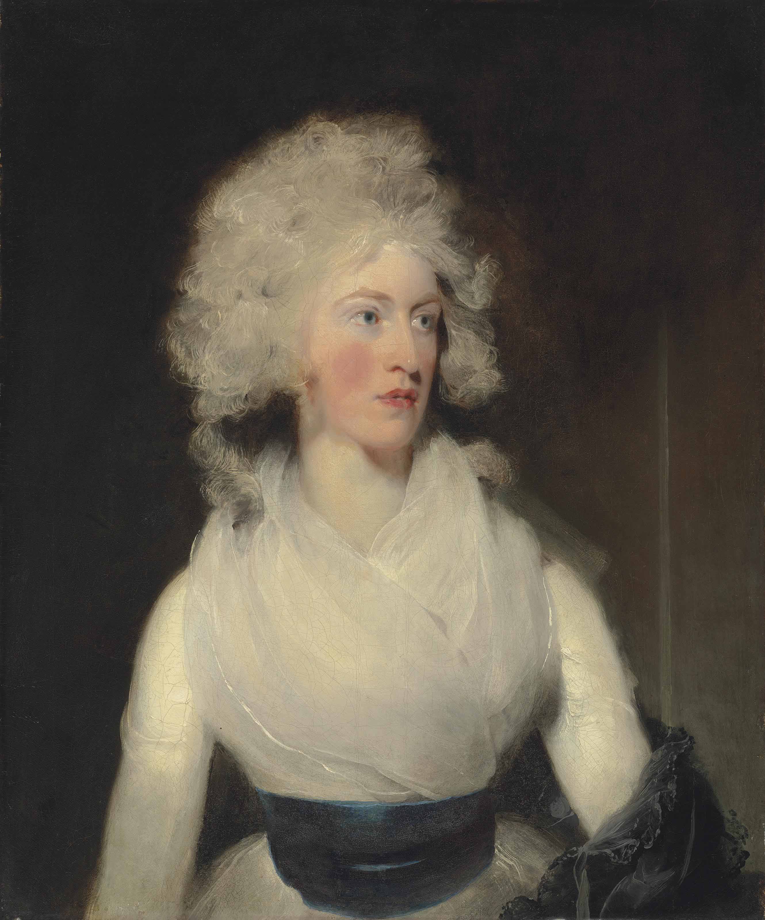 Sir Thomas Lawrence — Портрет Эмили, леди Беркли, в полный рост, в белом платье с голубым поясом и серой шалью