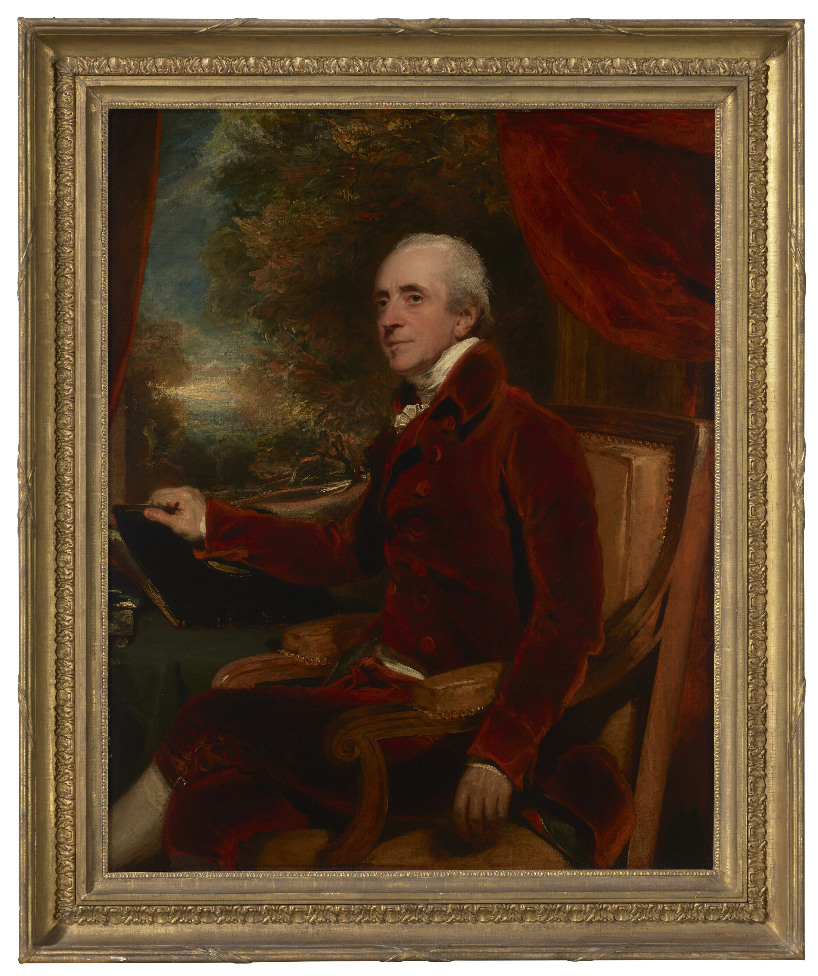 Sir Thomas Lawrence — Портрет Уильяма Бейкера (1743-1824), сидящего в три четверти роста, в красном фраке, на фоне пейзажа, изображение 2