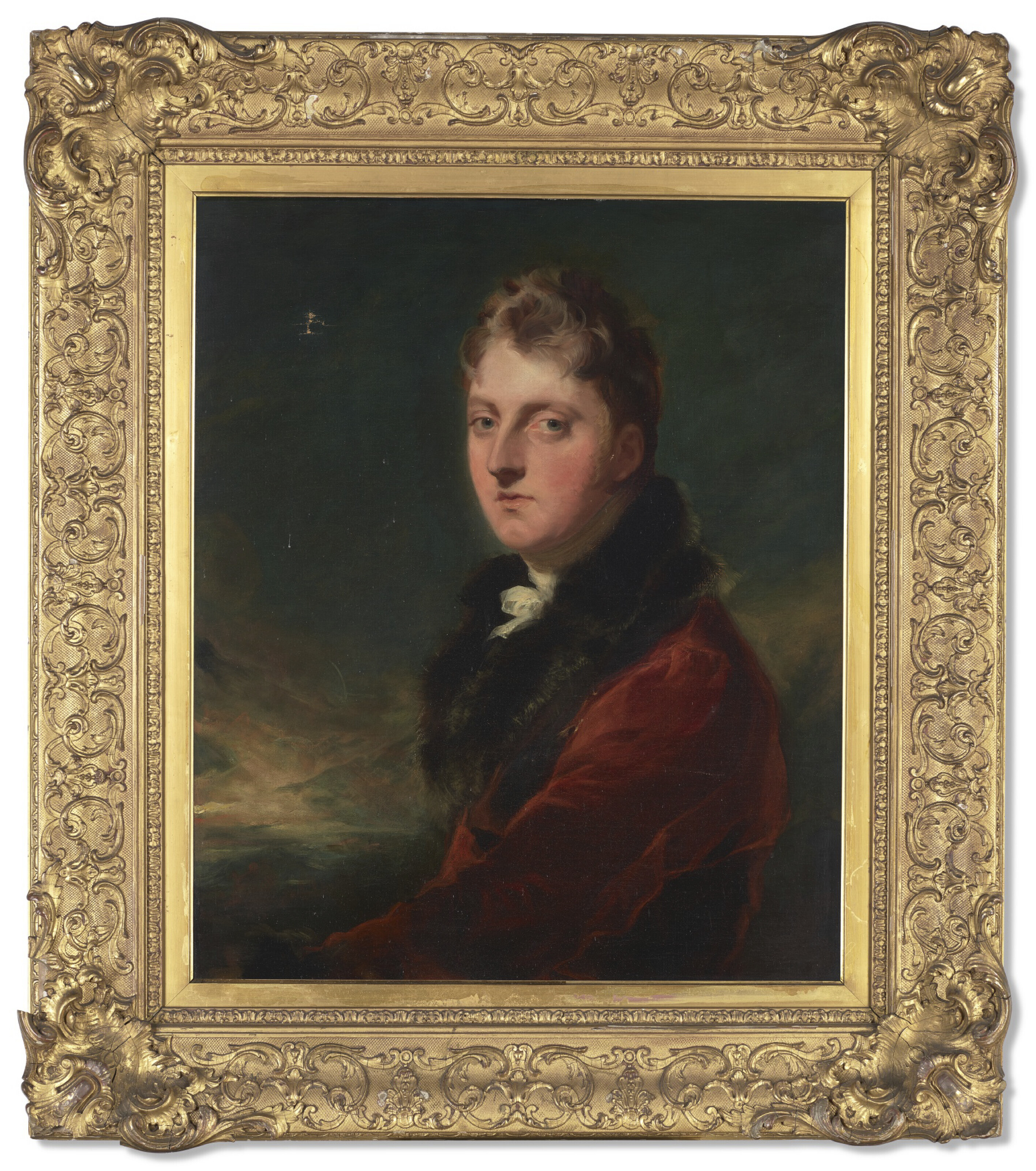 Sir Thomas Lawrence — Портрет джентльмена, традиционно идентифицируемого как мастер Грегори Шоу, в полный рост, в красном сюртуке, на фоне пейзажа, изображение 2
