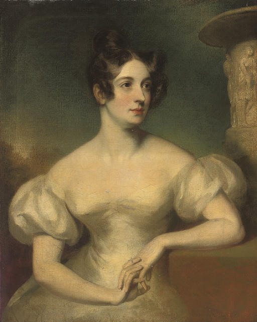 Sir Thomas Lawrence — Портрет дамы в три четверти роста, в атласном платье цвета устриц, сидящей у каменной вазы, на фоне пейзажа