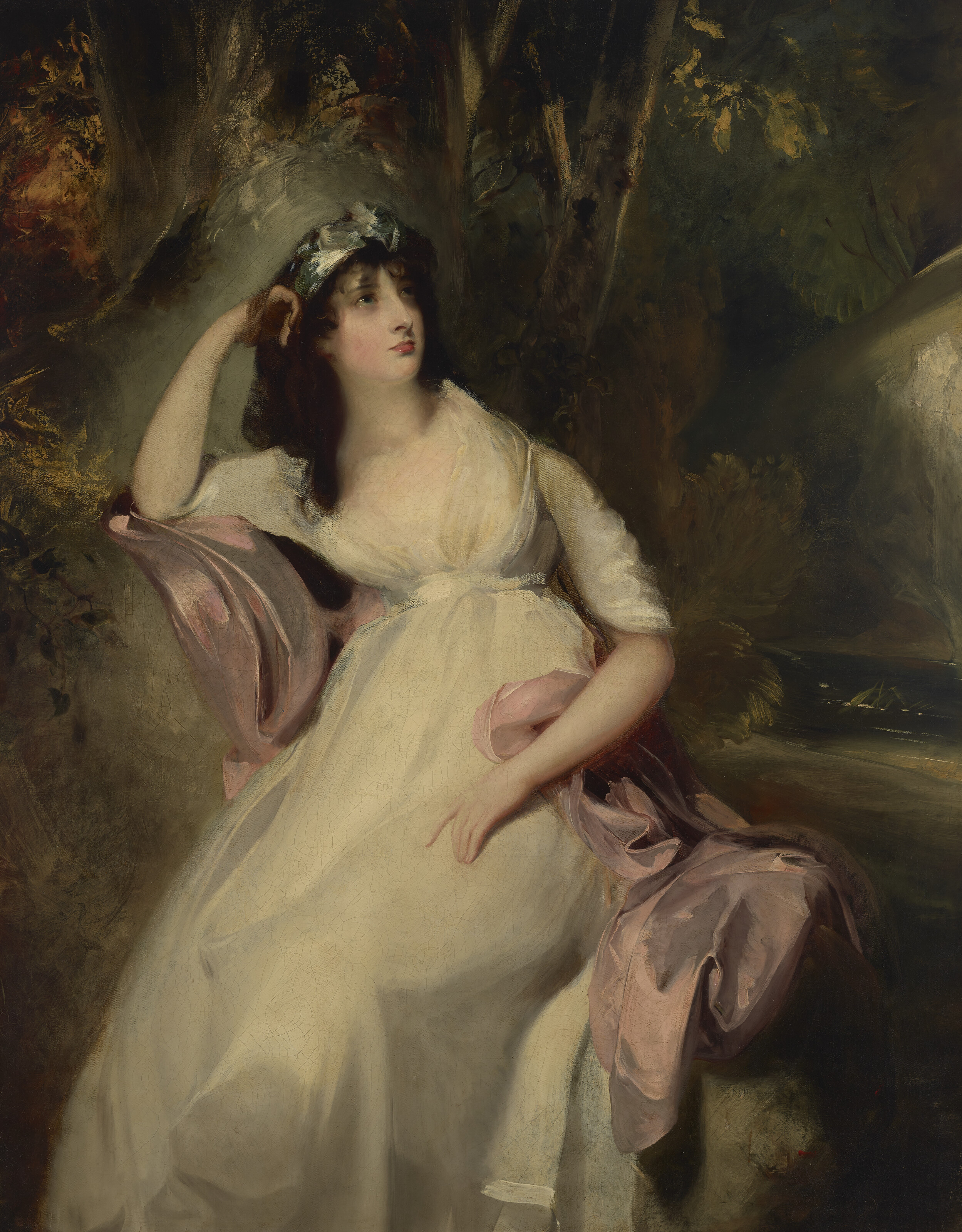 Sir Thomas Lawrence — Портрет Сары Марты (Салли) Сиддонс (1775-1803), дочери актрисы Сары Сиддонс, в три четверти роста, в белом платье с розовой шалью, сидящей у пруда на фоне лесистого пейзажа.