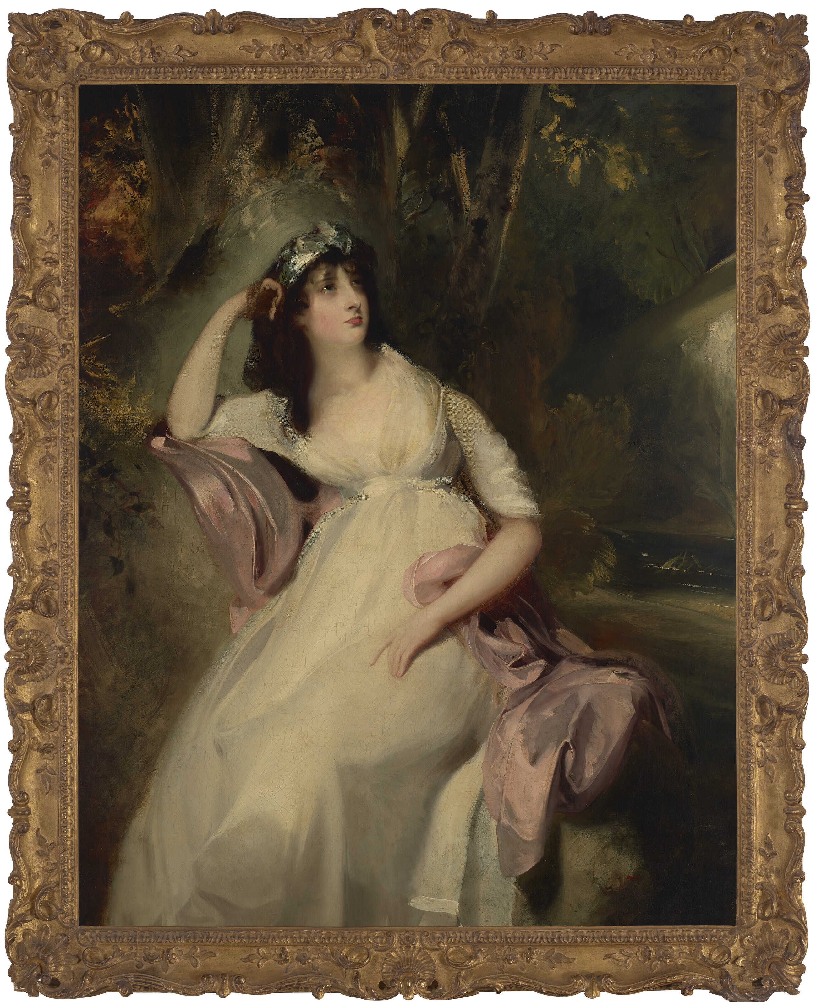 Sir Thomas Lawrence — Портрет Сары Марты (Салли) Сиддонс (1775-1803), дочери актрисы Сары Сиддонс, в три четверти роста, в белом платье с розовой шалью, сидящей у пруда на фоне лесистого пейзажа., изображение 2