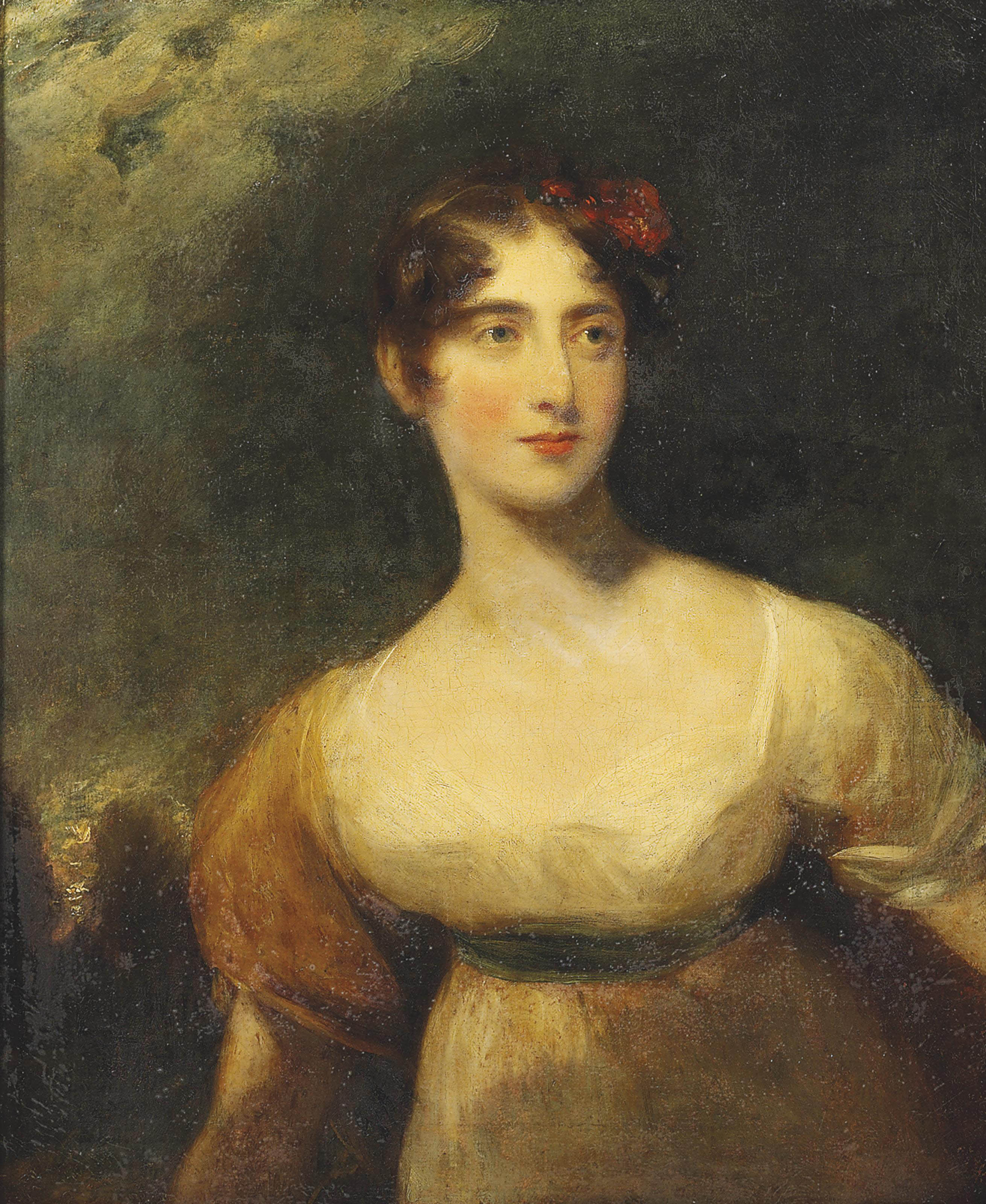 Sir Thomas Lawrence — Портрет леди Эмили Харриет Уэлсли-Поул, позже леди Фицрой Сомерсет (1792-1881), в полный рост, в белом платье, на фоне пейзажа
