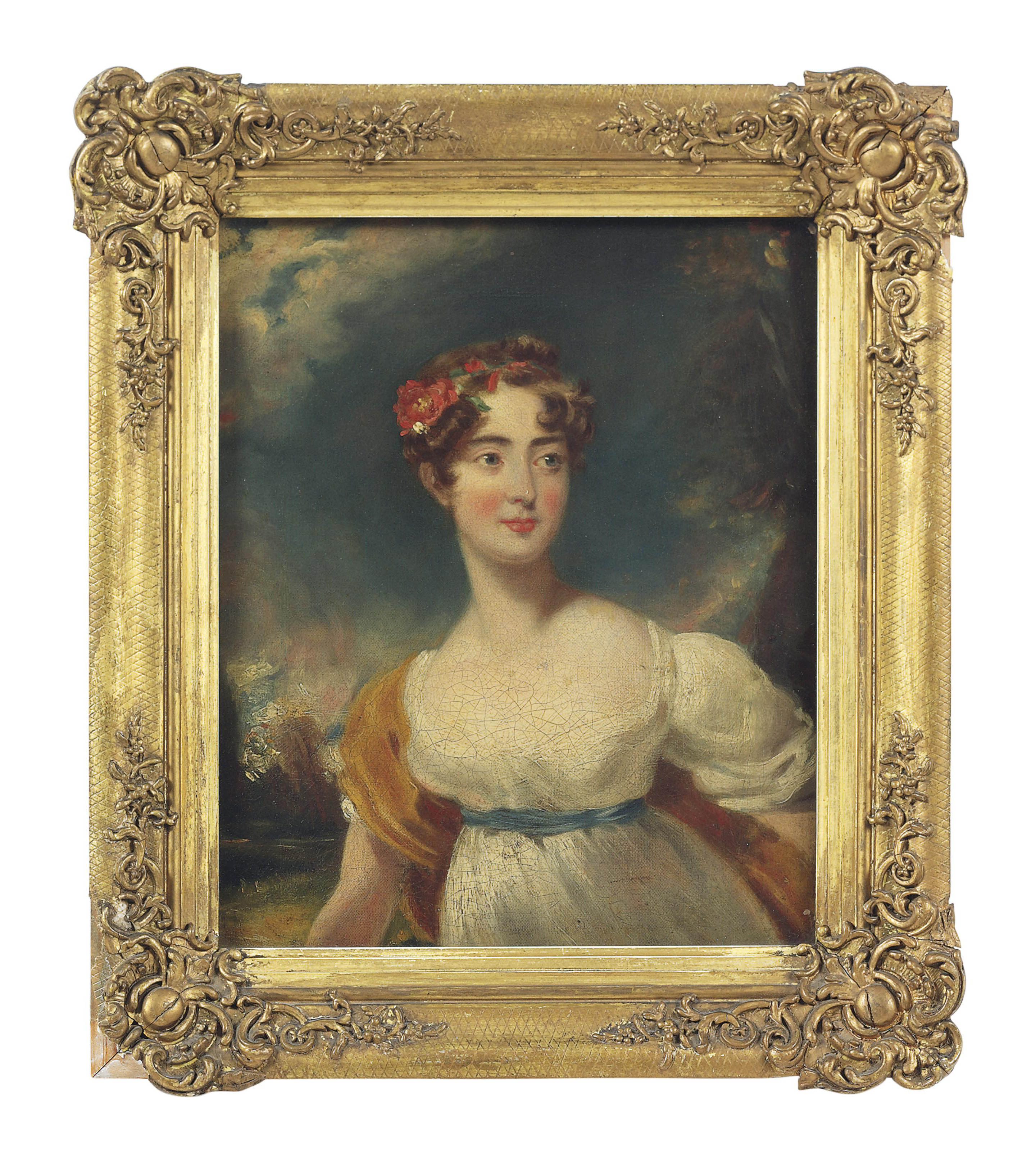 Sir Thomas Lawrence — Портрет леди Эмили Харриет Уэлсли-Поул, позже леди Фицрой Сомерсет (1792-1881), в полный рост, в белом платье, на фоне пейзажа