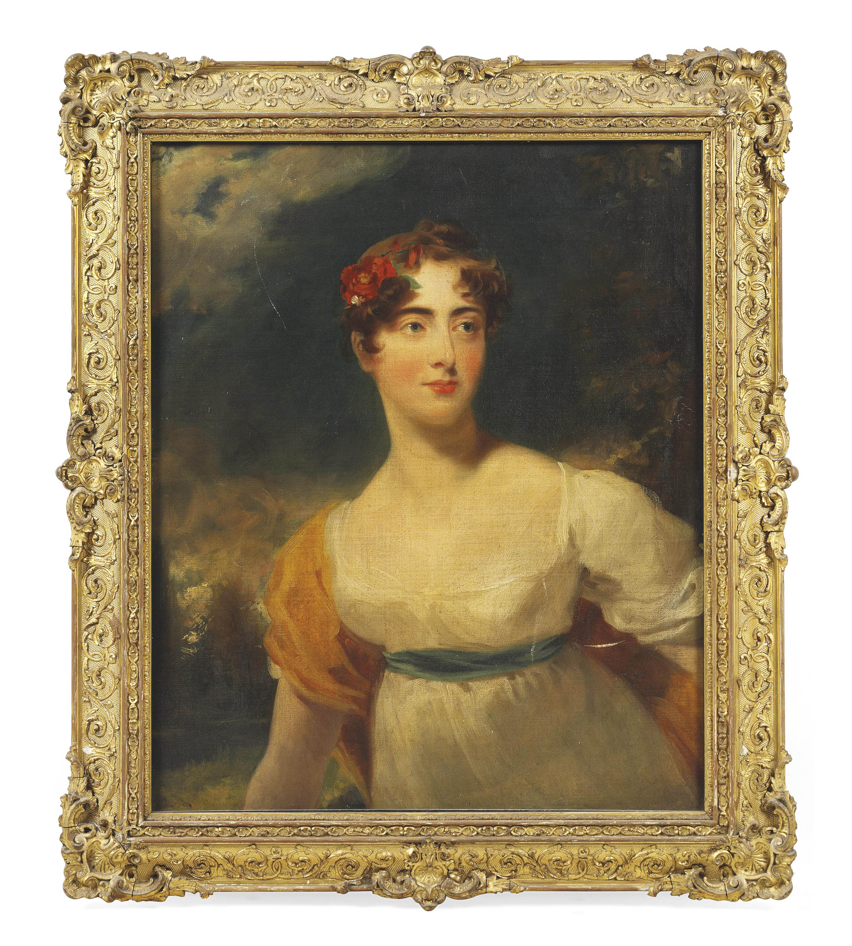 Sir Thomas Lawrence — Портрет леди Эмили Харриет Уэлсли-Поул, леди Фицрой Сомерсет (1792-1881), в полный рост, в белом платье, на фоне пейзажа