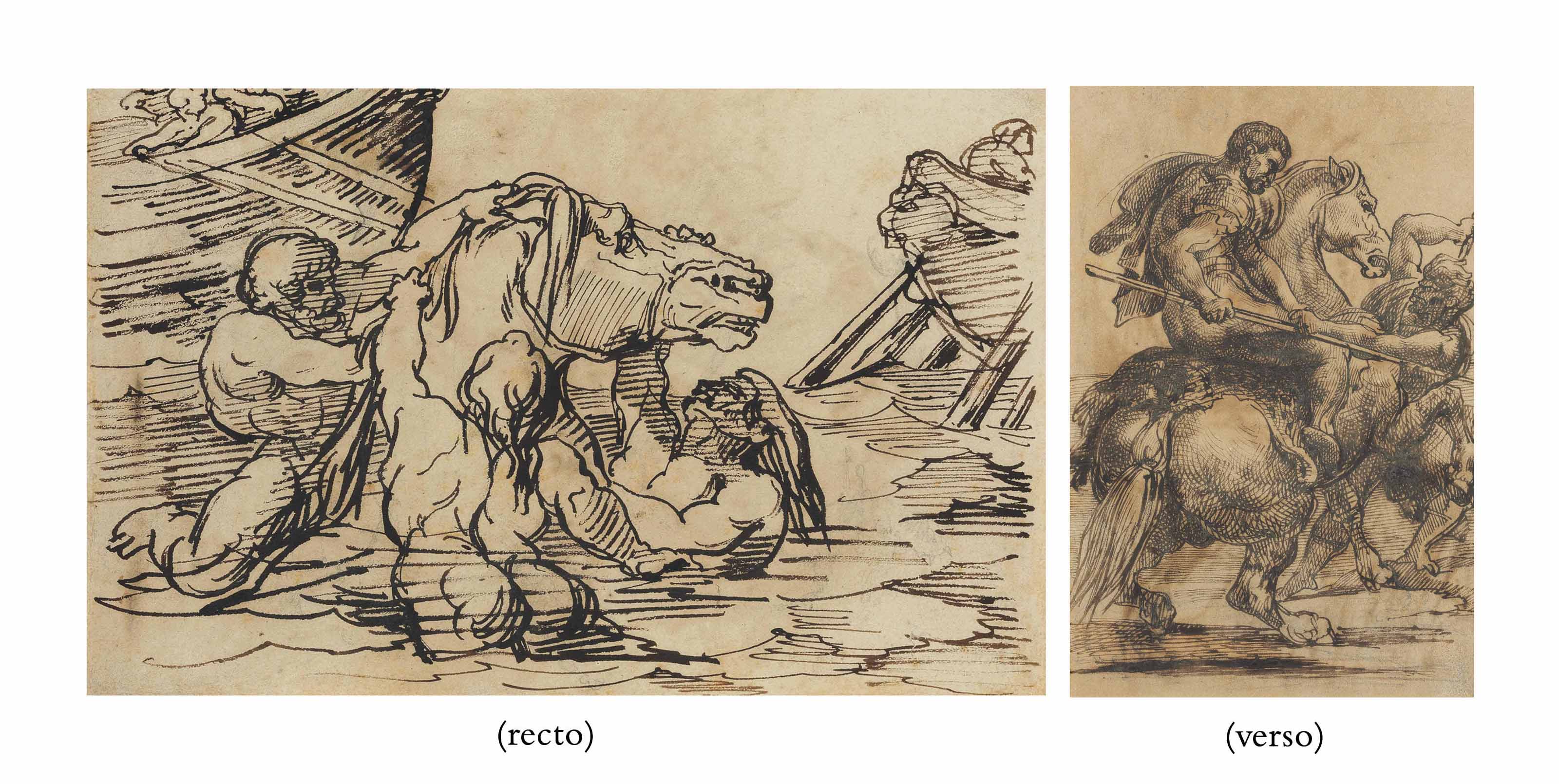 Théodore Géricault — Подготовка к стрельбе из лука ( справа ); Конный солдат, сражающийся с воином ( сзади )