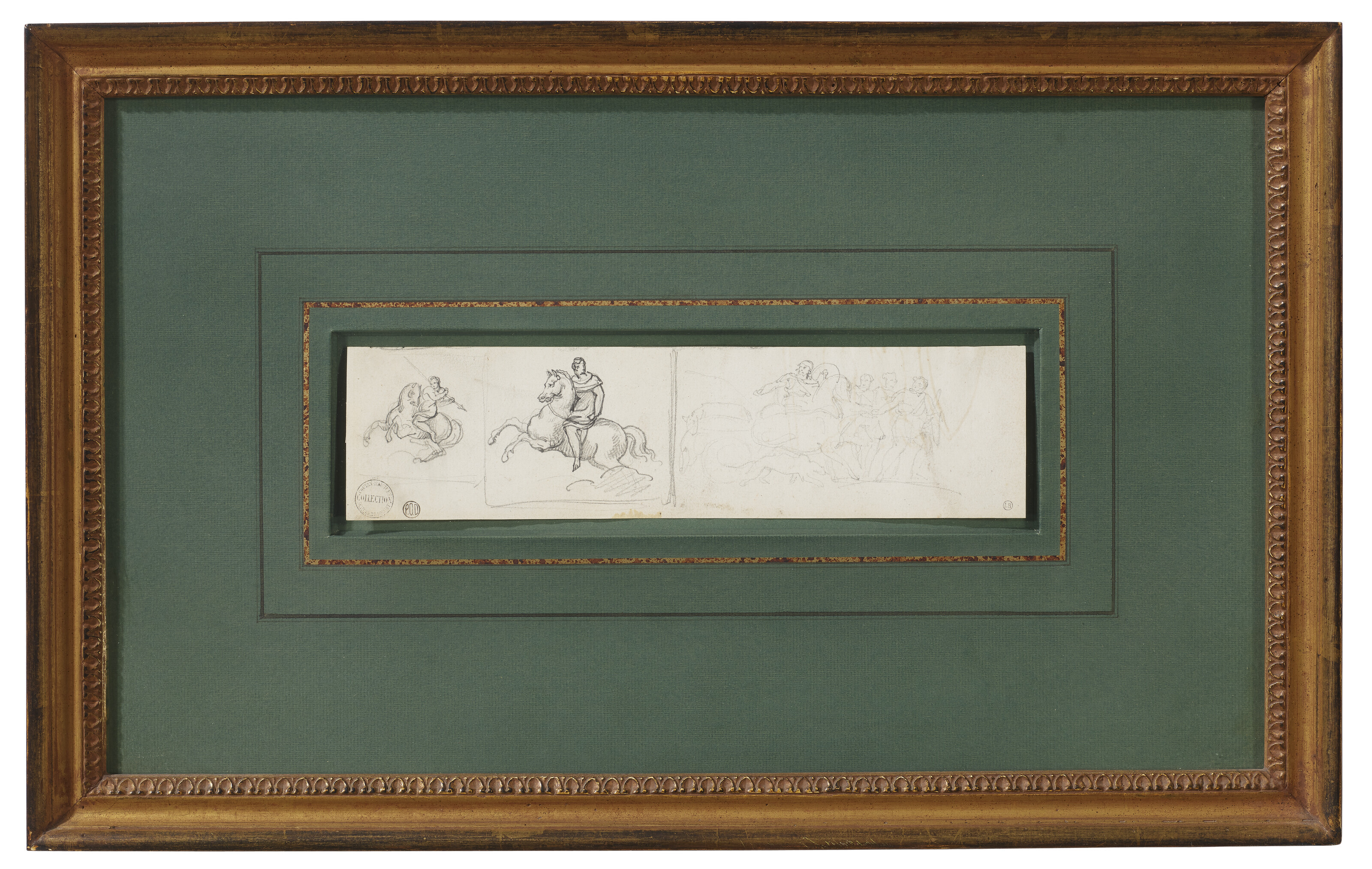 Théodore Géricault — Этюды воинов верхом на лошадях (справа); Этюды головы, ног и ступней стоящего воина, держащего щит (сзади), изображение 3