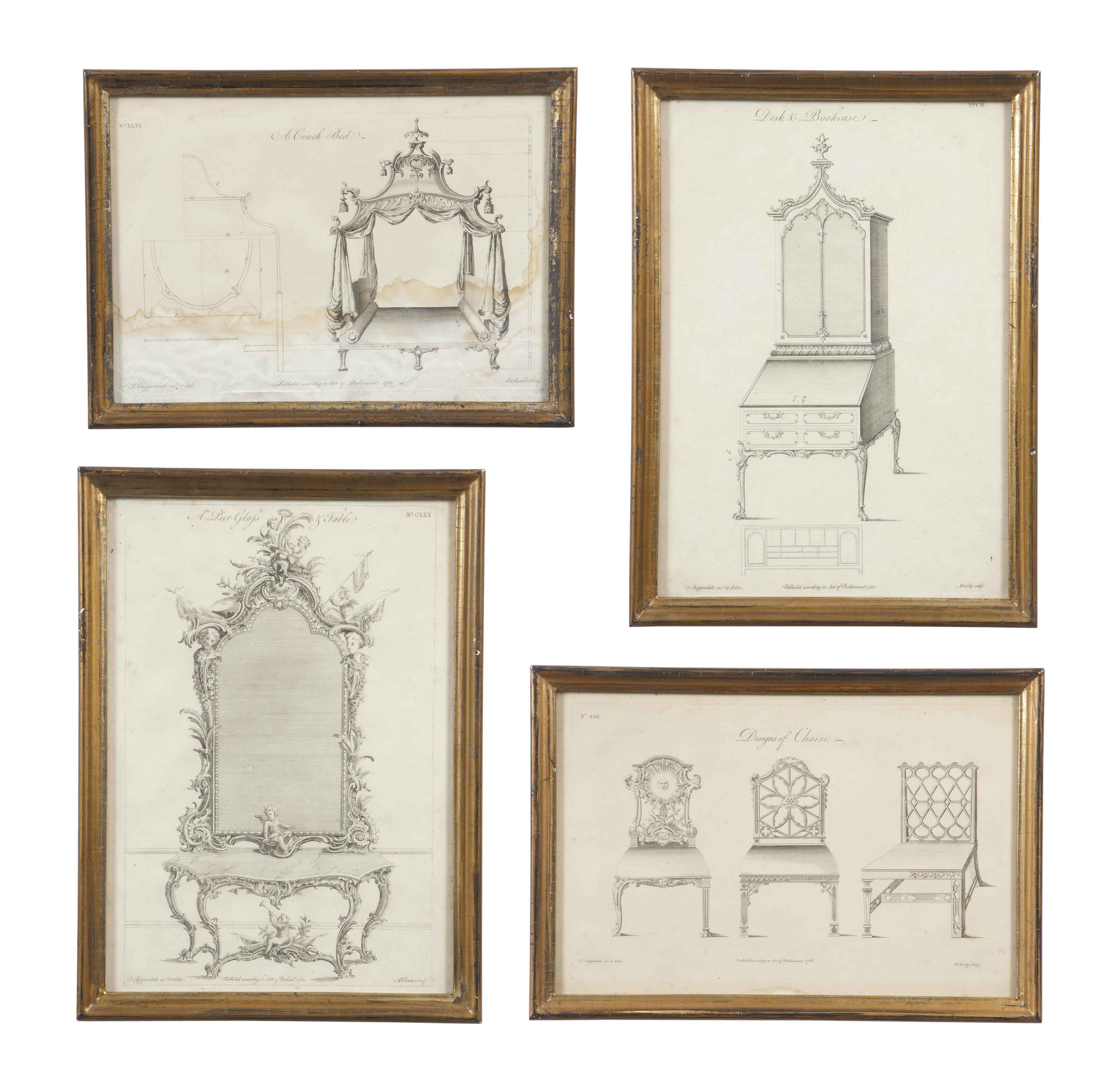Thomas Chippendale — Двадцать четыре дизайна мебели, включая: Карнизы для кроватей или окон; Рамы для мраморных плит; Китайские диваны; Люстры для залов; и подсвечники для фойе