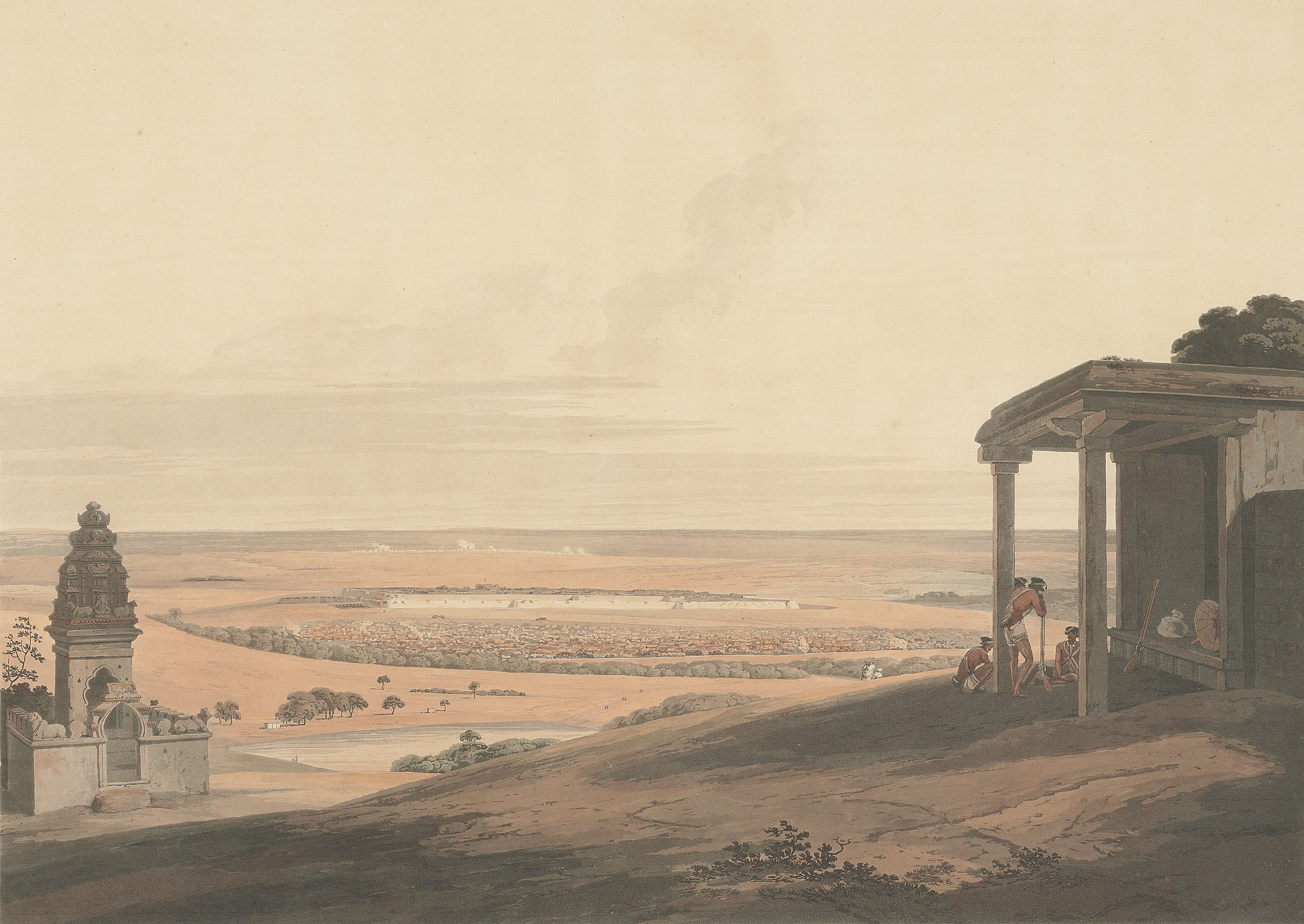 Thomas Daniell — Индуистские храмы в Биндрабунде на реке Джамна. Март 1795 г.; Семья Чали расположилась в форте Аллахабад на реке Джамна. Июль 1795 г.; Индуистские храмы в Агури, на реке Соан, Бахар. Сентябрь 1796 г.; Каменные скульптуры в Мавалипураме, на побережье Короманделя. 15 октября 1799 г.; Вход в раскопанный индуистский храм в Мавалипураме. 15 октября 1799 г.; Джагдео и Варрангур, горные крепости в Баррамале. 1 июня 1802 г.; Усур, в Майсуре. 1 августа 1802 г.; Вид на Гайах, индусский город, в Бахаре. 1 октября 1802 г.; Снимок сделан с противоположного берега реки Гумти. 1 октября 1802 г.; Вид с руин форта Курра на реке Ганг. 1 апреля 1803 г.; Шевагурри. 1 января 1804 г.; Близ Атура, в округе Диндигул. 1 апреля 1804 г.; Близ Банделла на реке Хугли. 1 января 1804 г.; и Сиккра-овраг на Ганге. 1 января 1804 г. ( Эбби Трэвел, 420, nos 3, 7, 20, 52, 53, 87, 90, 91, 93, 97, 130, 132, 134, 135), изображение 3
