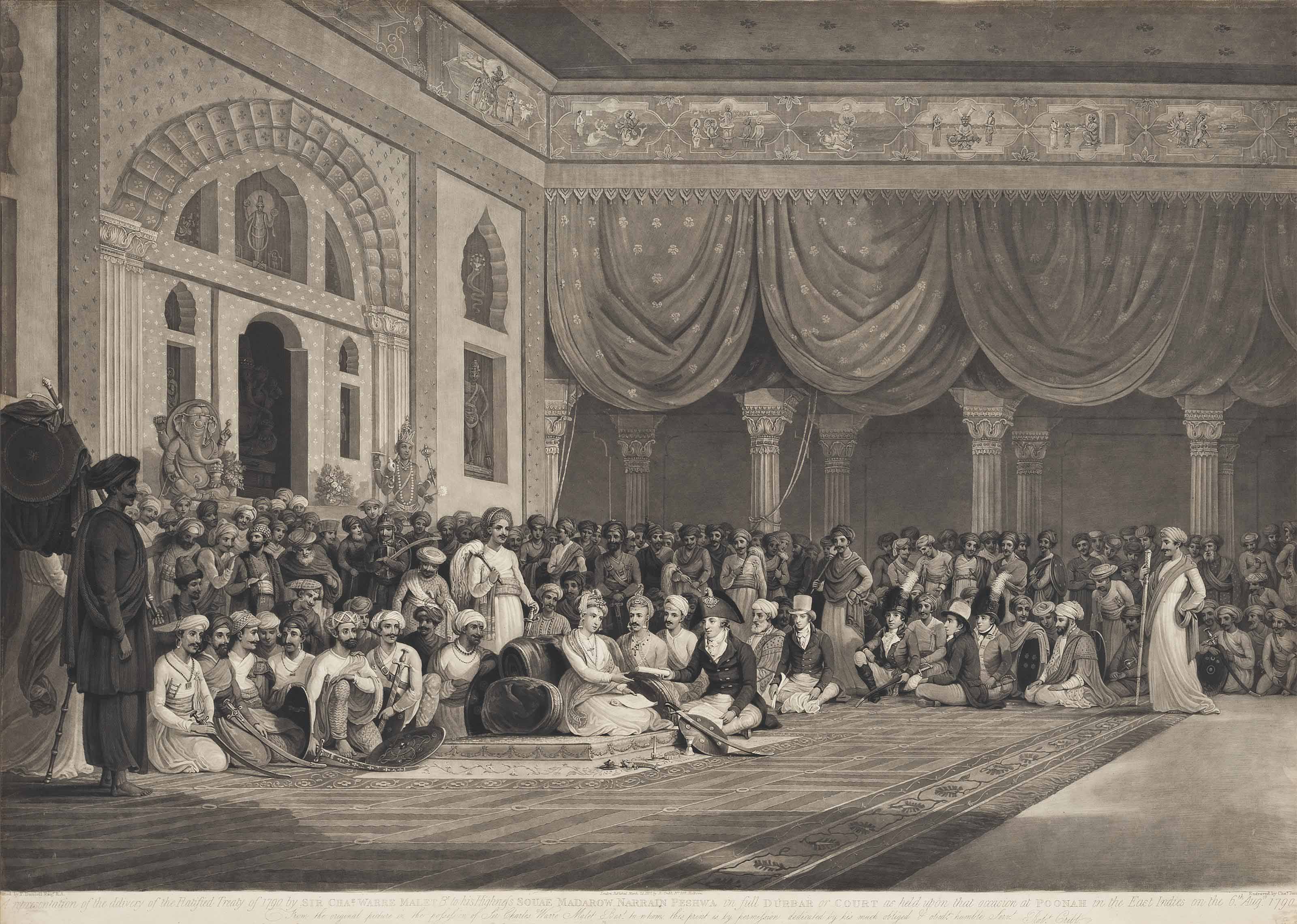 Thomas Daniell — Представление о вручении ратифицированного договора 1790 года сэром Чезом. Уорре Мале, Великобритания. его высочеству Суае Мадарову Наррайну Пешве в полном составе на Дурбаре или при дворе, состоявшемся по этому случаю в Пуне в Ост-Индии 6 августа. 1790