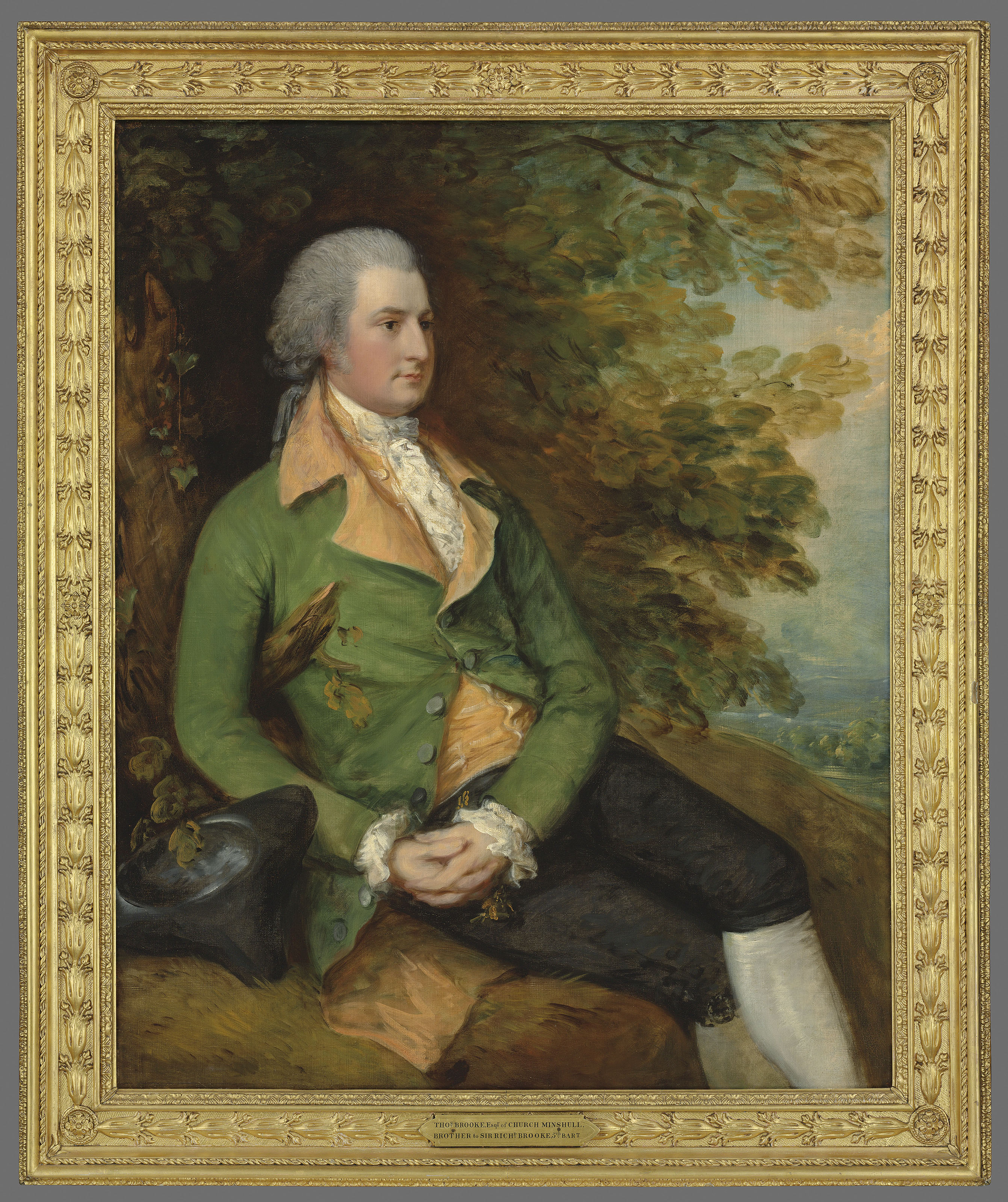 Thomas Gainsborough — Портрет Томаса Брука (? 1755-1820), в три четверти длины, в зеленом сюртуке, отдыхающего у дерева на фоне лесистого пейзажа; и портрет сэра Ричарда Брука, 5-го поколения (1753-1795), в три четверти длины, в желтом полосатом жилете и синем сюртуке, в лесистый пейзаж, изображение 5
