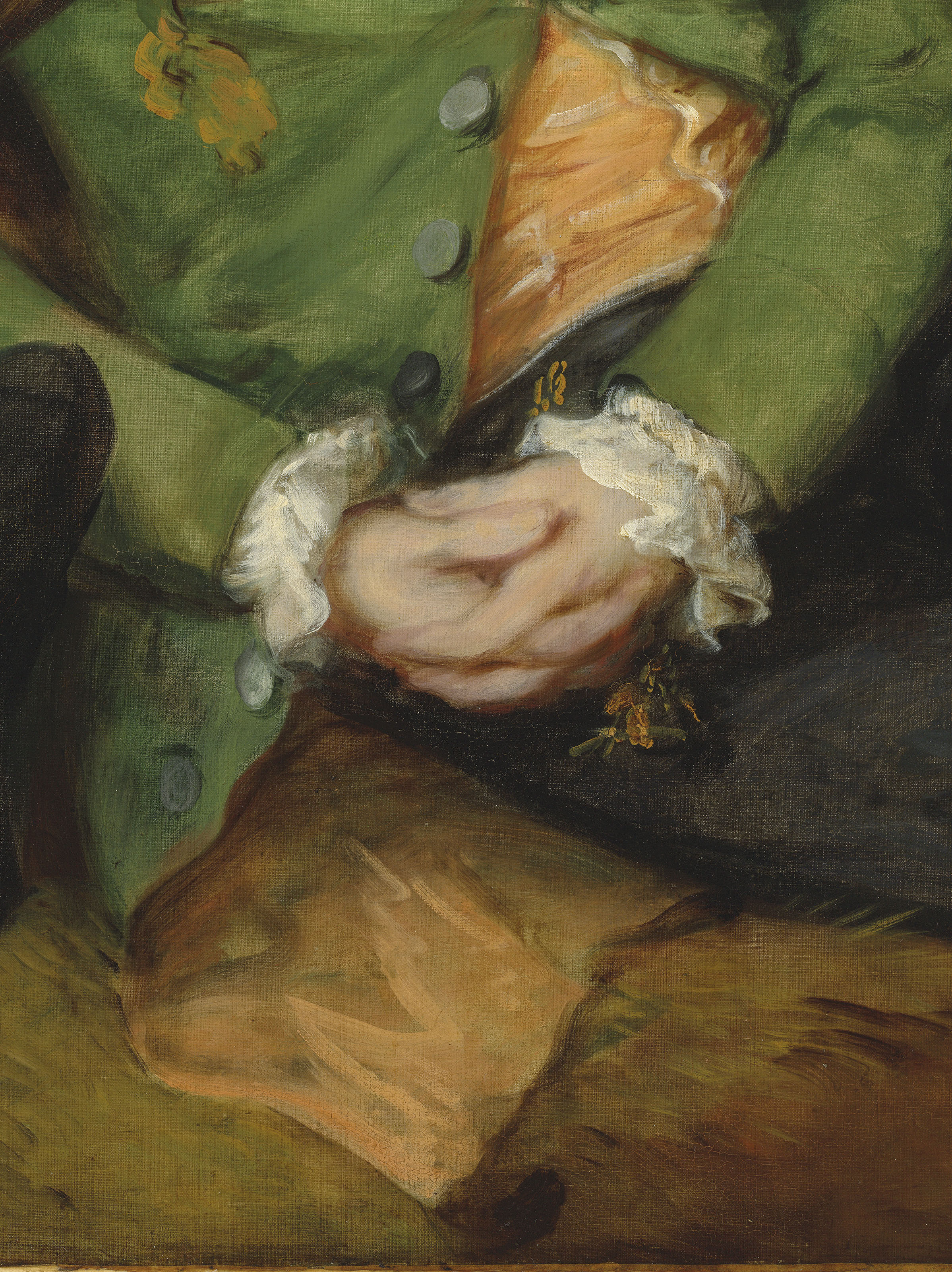 Thomas Gainsborough — Портрет Томаса Брука (? 1755-1820), в три четверти длины, в зеленом сюртуке, отдыхающего у дерева на фоне лесистого пейзажа; и портрет сэра Ричарда Брука, 5-го поколения (1753-1795), в три четверти длины, в желтом полосатом жилете и синем сюртуке, в лесистый пейзаж, изображение 6