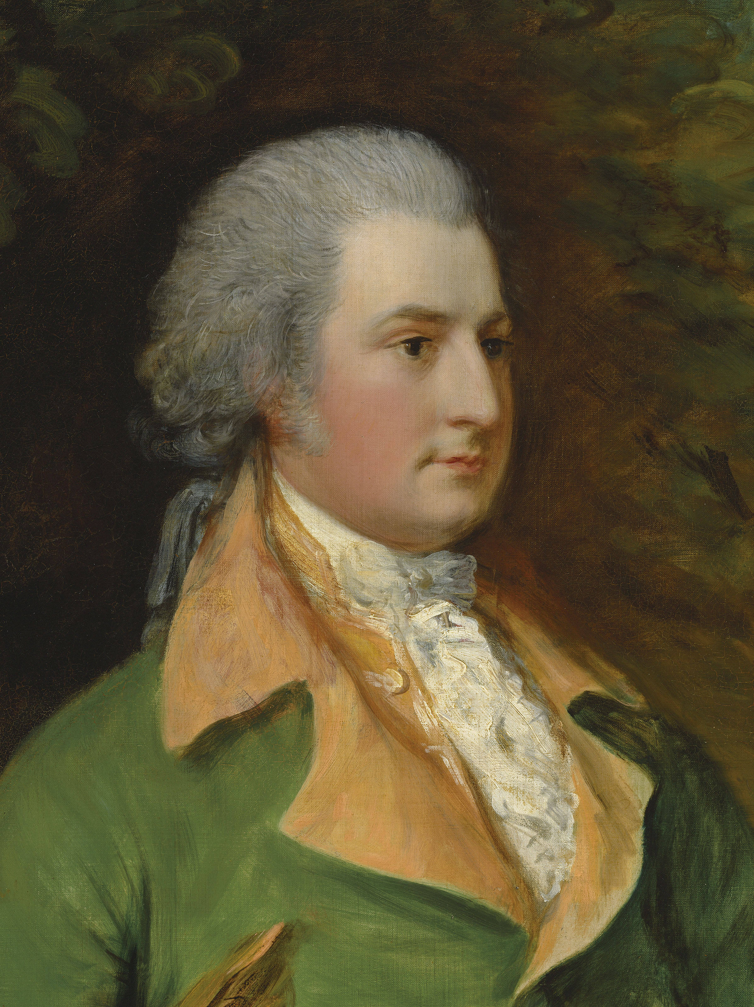 Thomas Gainsborough — Портрет Томаса Брука (? 1755-1820), в три четверти длины, в зеленом сюртуке, отдыхающего у дерева на фоне лесистого пейзажа; и портрет сэра Ричарда Брука, 5-го поколения (1753-1795), в три четверти длины, в желтом полосатом жилете и синем сюртуке, в лесистый пейзаж, изображение 7