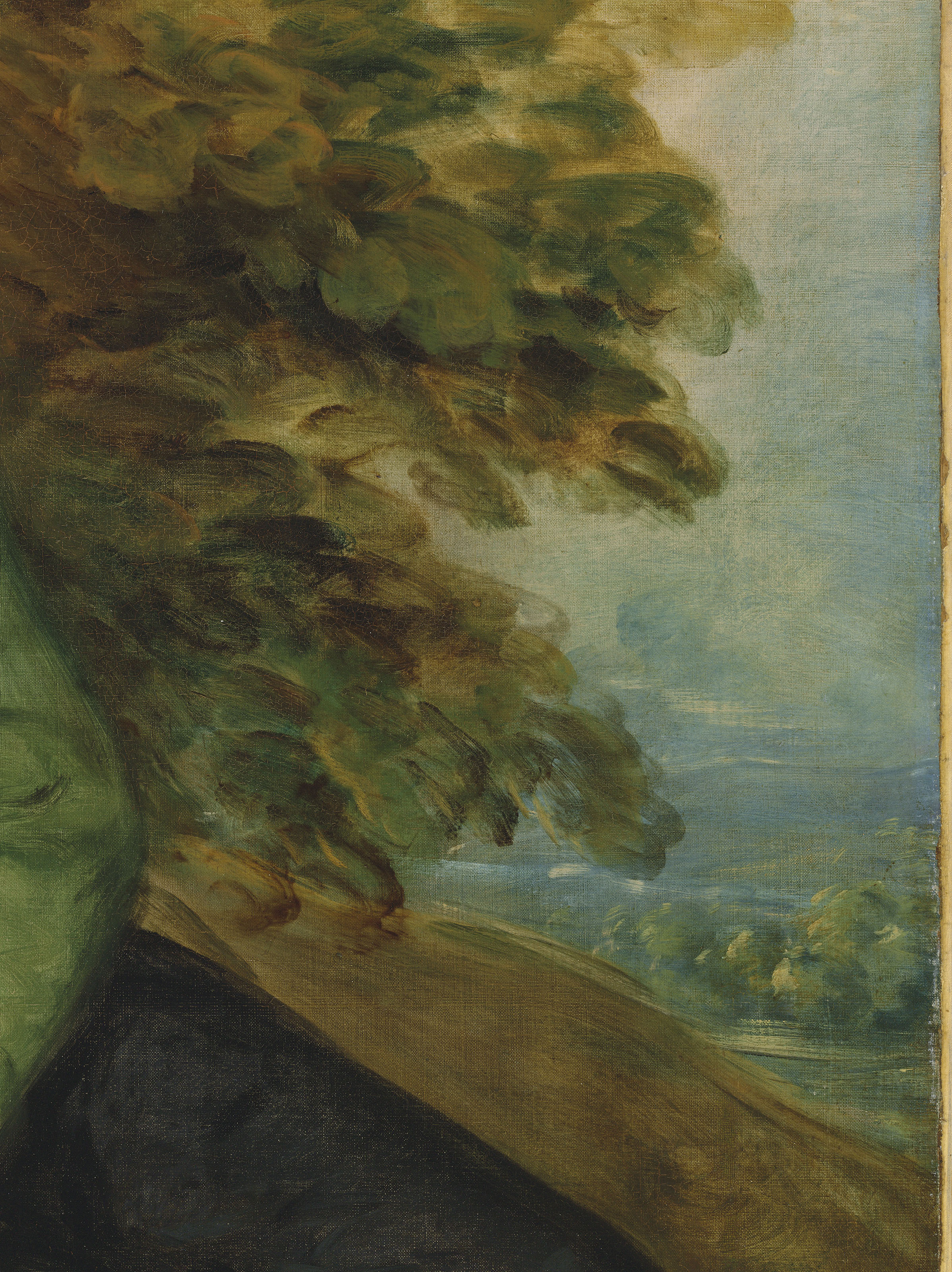 Thomas Gainsborough — Портрет Томаса Брука (? 1755-1820), в три четверти длины, в зеленом сюртуке, отдыхающего у дерева на фоне лесистого пейзажа; и портрет сэра Ричарда Брука, 5-го поколения (1753-1795), в три четверти длины, в желтом полосатом жилете и синем сюртуке, в лесистый пейзаж, изображение 8