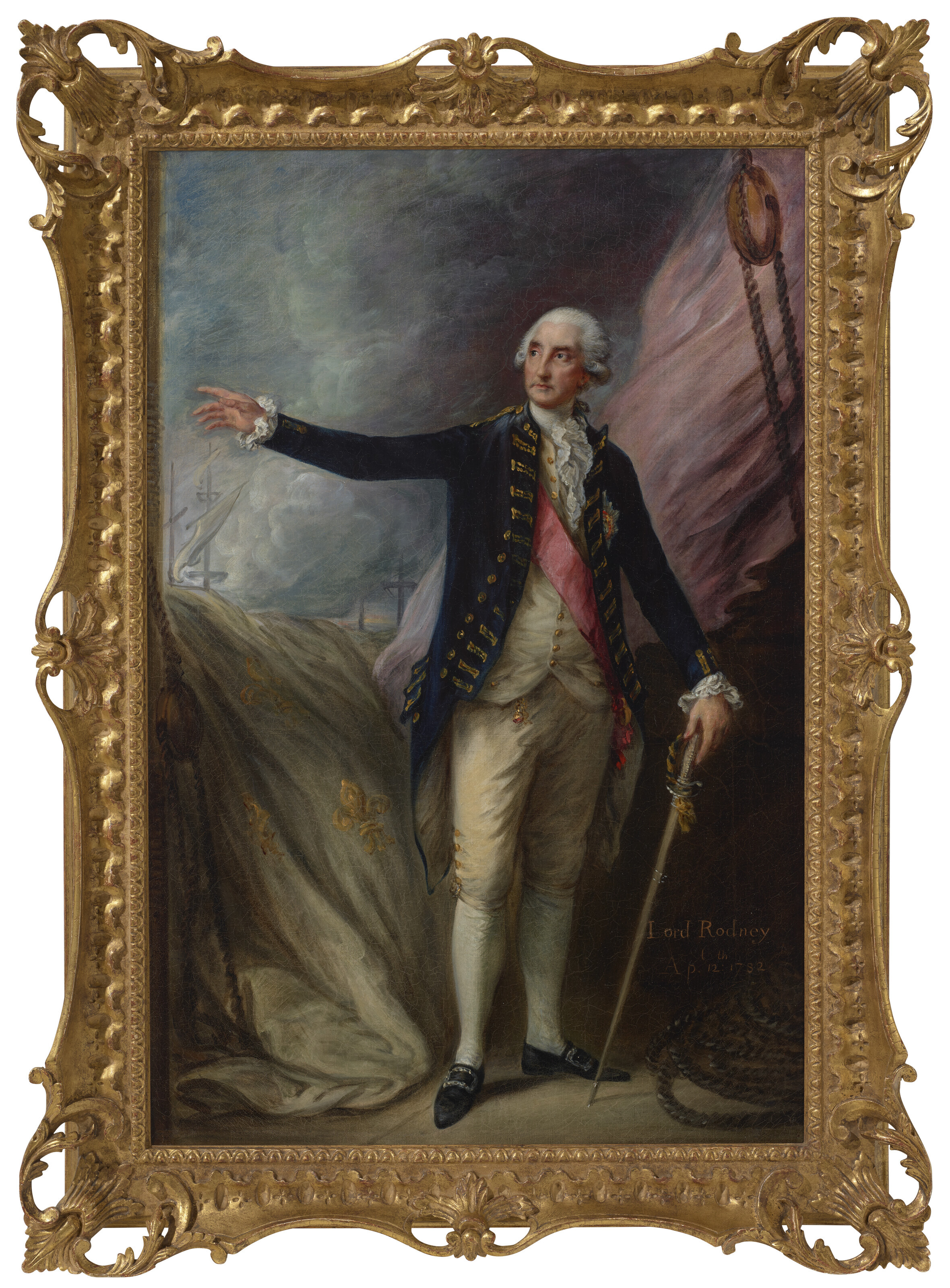 Thomas Gainsborough — Портрет адмирала Джорджа Бриджеса Родни, 1-го лорда Родни (1718-1792), в полный рост, в военно-морской форме на корабле, на фоне морского сражения., изображение 2
