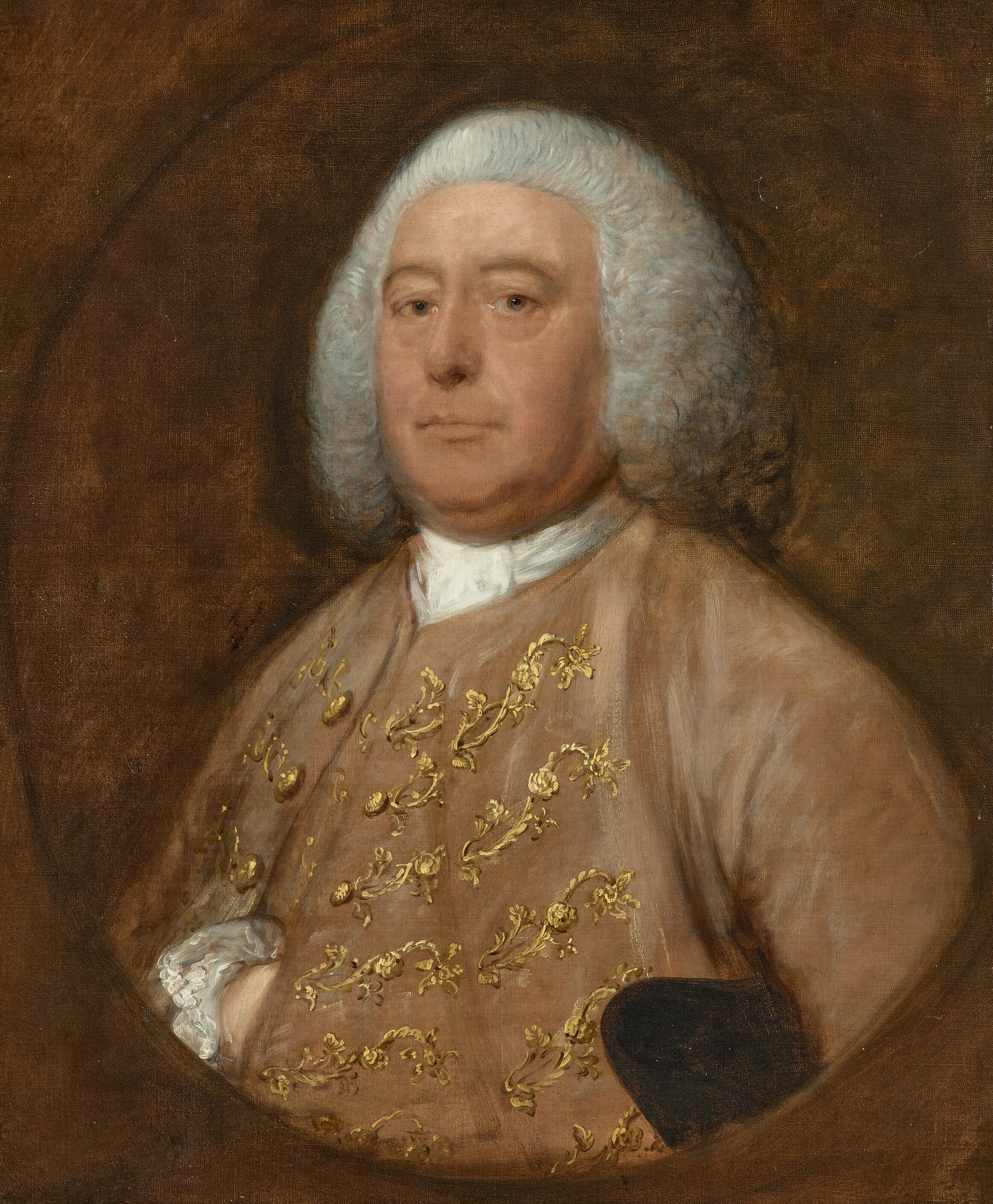 Thomas Gainsborough — Портрет Генри Фейна, члена парламента (1703-1777) из Уормсли, Оксфордшир, в полный рост, в расшитом золотом камзоле и жилете из розового бархата, с треуголкой под мышкой, в искусственном овальном обрамлении., изображение 2