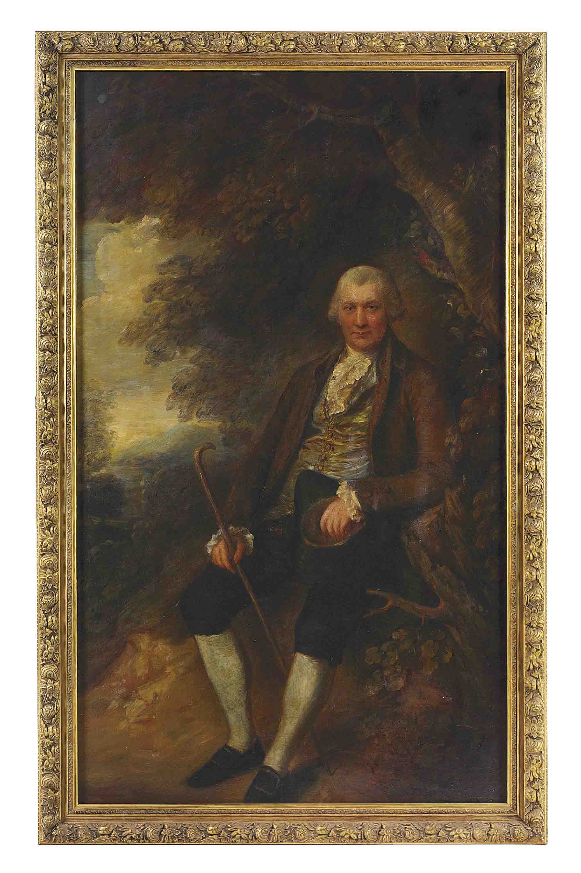 Thomas Gainsborough — Портрет Джона Уилкинсона, сидящего в полный рост, в коричневом пальто, с тростью и шляпой в руках, на фоне пейзажа