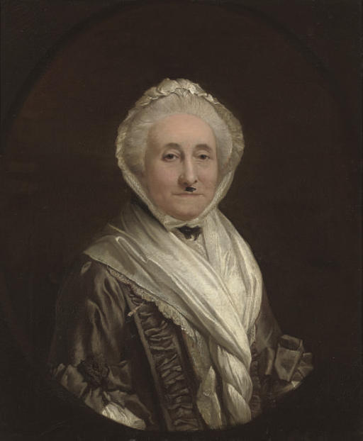 Thomas Gainsborough — Портрет дамы из семьи Найт, во весь рост, в сером шелковом платье с лентами, белой шали и шляпке, в искусственном овальном обрамлении.