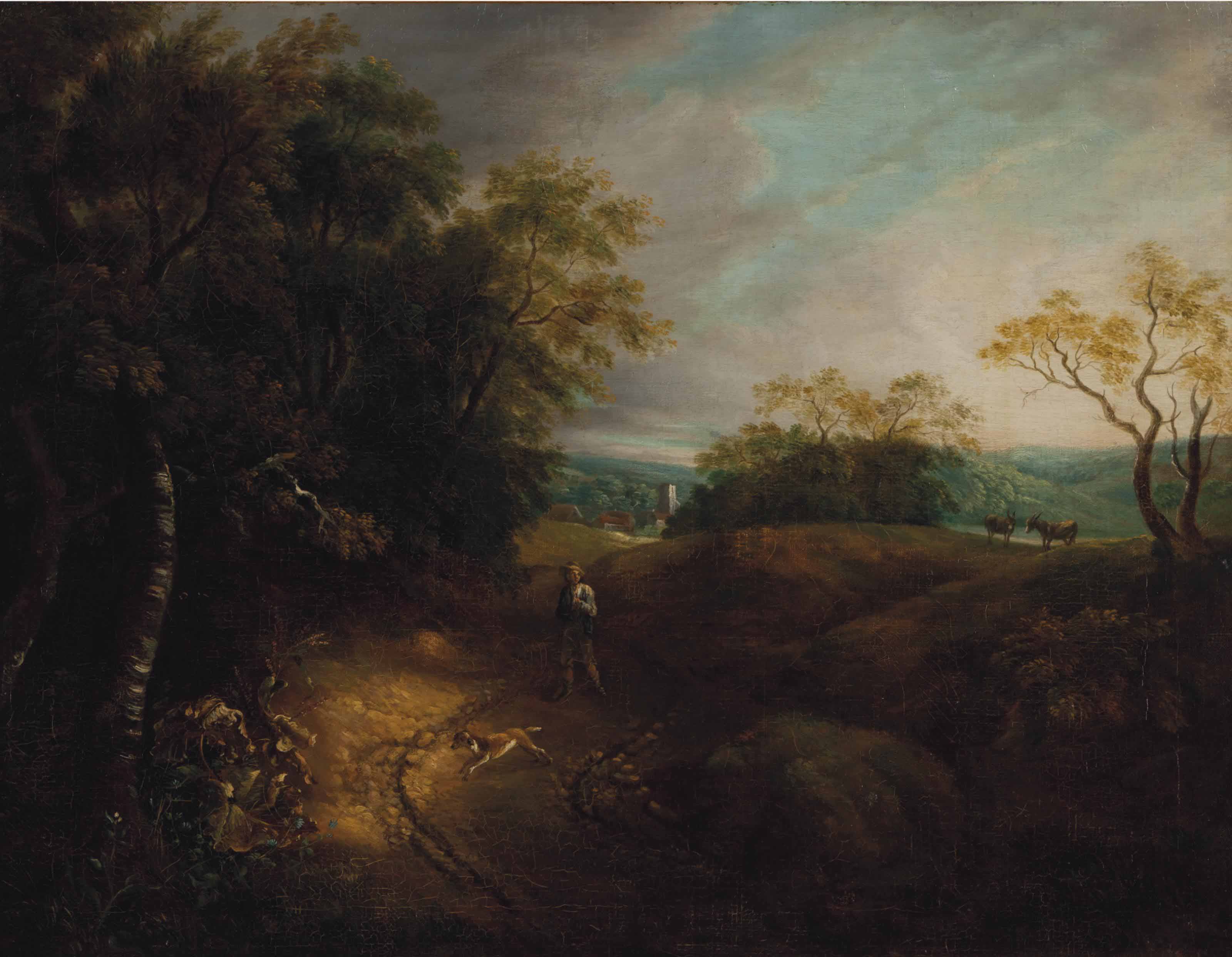 Thomas Gainsborough — Лесистый пейзаж с крестьянином и собакой, деревня за ним.
