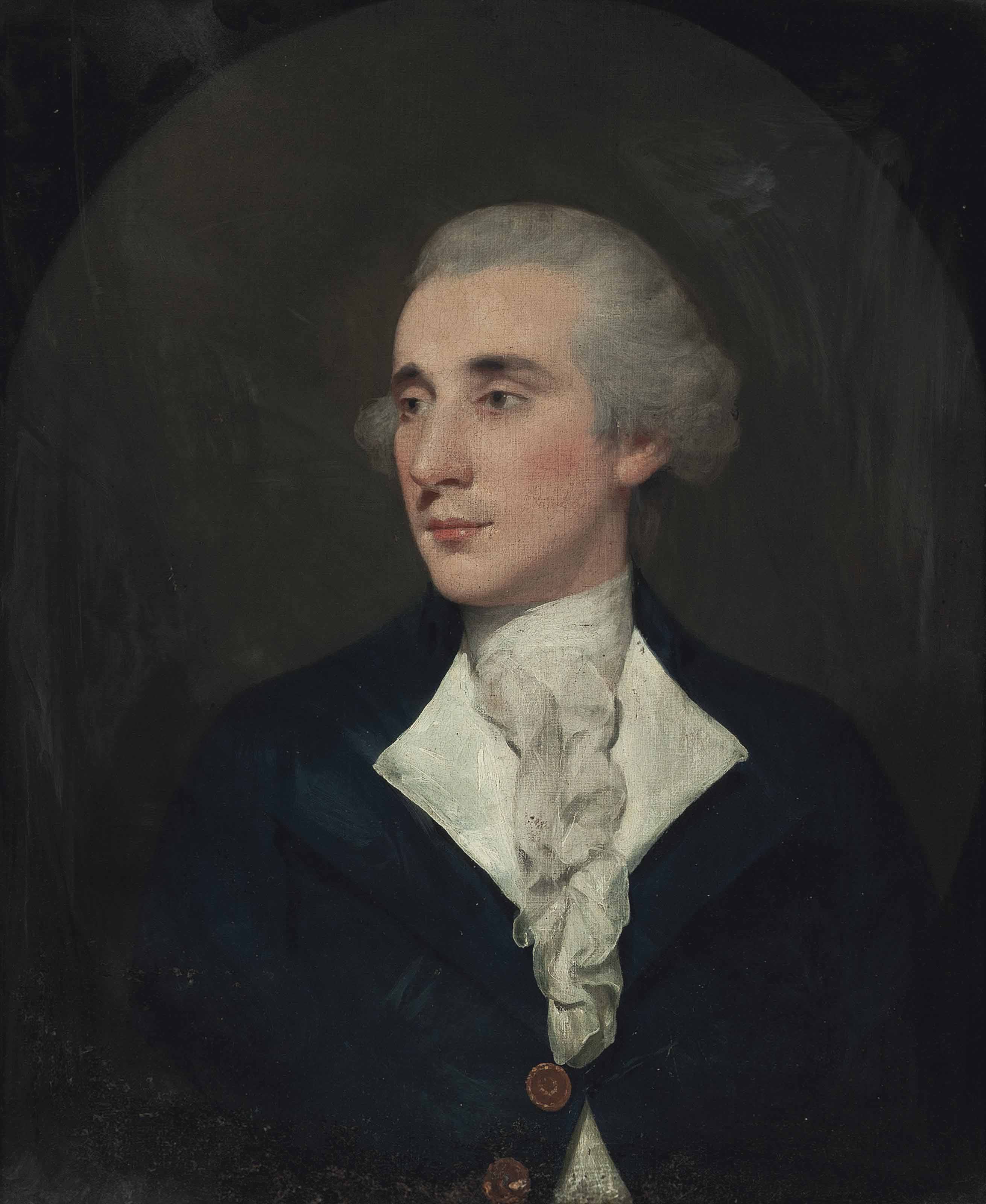 Thomas Gainsborough — Портрет джентльмена в полный рост, в синем сюртуке и белом галстуке, в нарисованном овале