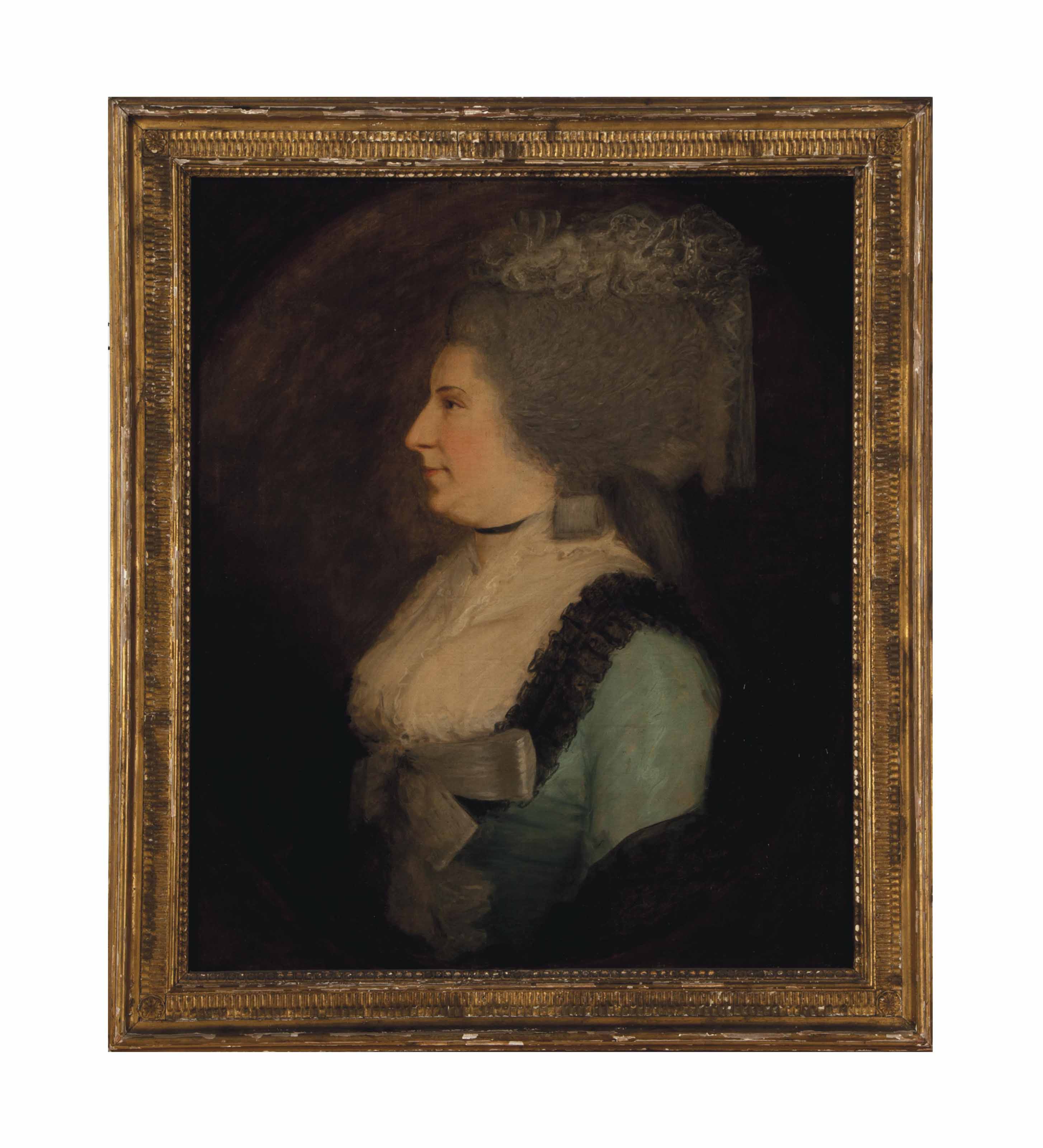 Thomas Gainsborough — Портрет дамы в голубом платье с белой косынкой, длиной до пояса, в нарисованном овале
