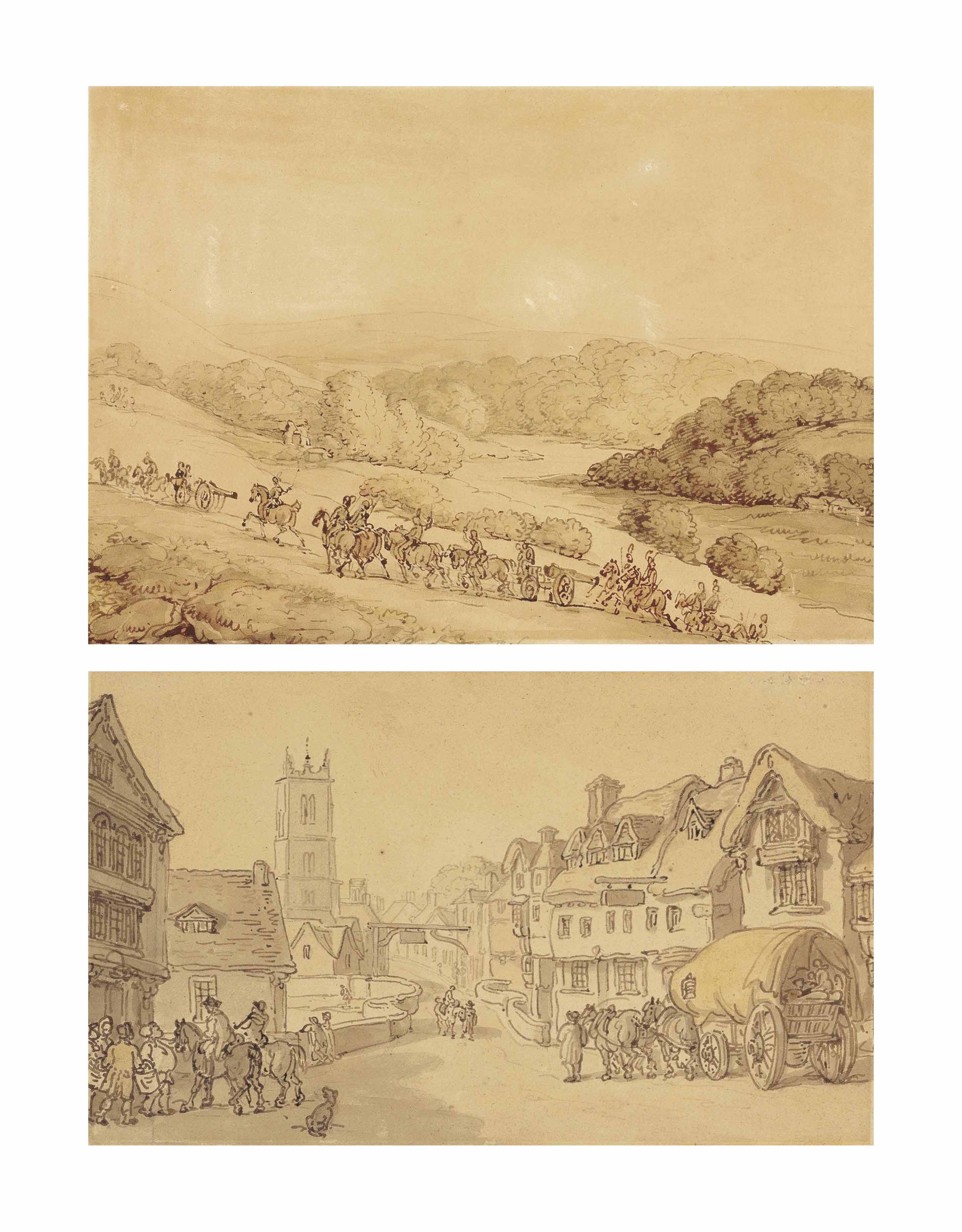Thomas Rowlandson — Кавалерия, передвигающая артиллерию по обширному речному ландшафту, и деревенская сцена