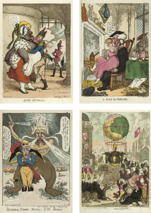 Thomas Rowlandson — РОУЛЕНДСОН, Томас (1757-1827) и Джордж ВУДВОРД (?1760-1809) - Альбом из 85 раскрашенных вручную карикатур, выполненных Томасом Роулендсоном, Джеймсом Гилреем, Джорджем Крукшенком, Исааком Робертом Крукшенком и Джорджем Вудвордом или после них, большинство из которых были опубликованы Томасом Теггом в издательстве № 111 Чипсайд, Лондон, между 1807 и 1819 годами. Продолговатый 4° (400х263 мм) (Небольшое загрязнение по краям от пальцев, несколько пятен по краям, один лист порван). Современные доски из полудрагоценного дерева и мрамора (потертые и немного потертые).