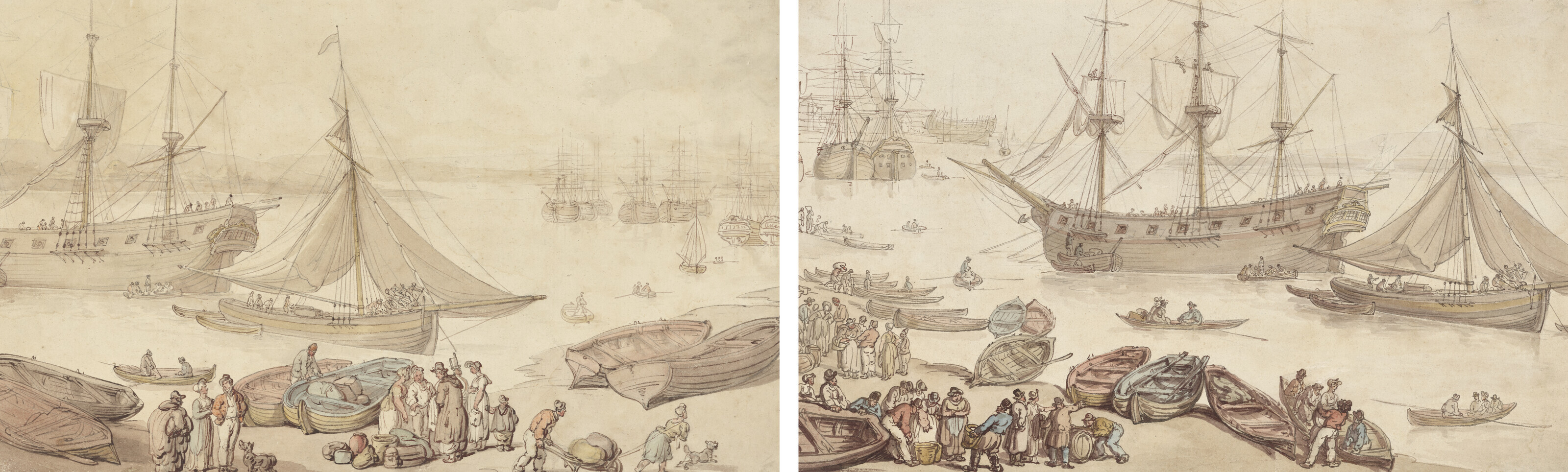 Thomas Rowlandson — Большие корабли стоят на якоре, вероятно, в Портсмуте; и грузятся на корабли, вероятно, в Портсмуте