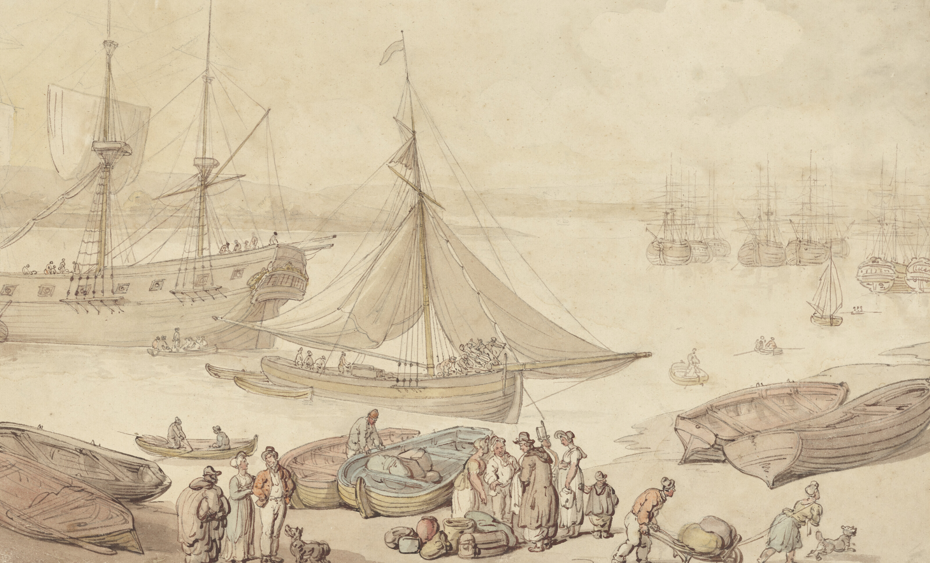 Thomas Rowlandson — Большие корабли стоят на якоре, вероятно, в Портсмуте; и грузятся на корабли, вероятно, в Портсмуте, изображение 2