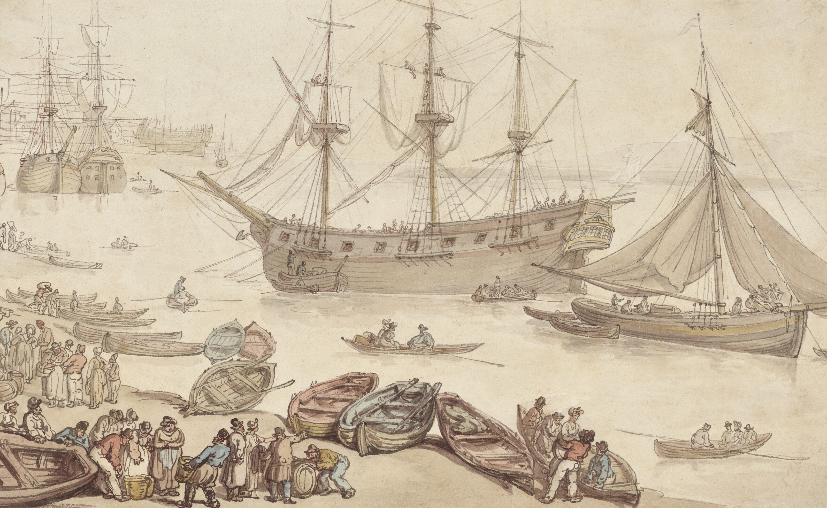 Thomas Rowlandson — Корабли приземляются, вероятно, в Портсмуте