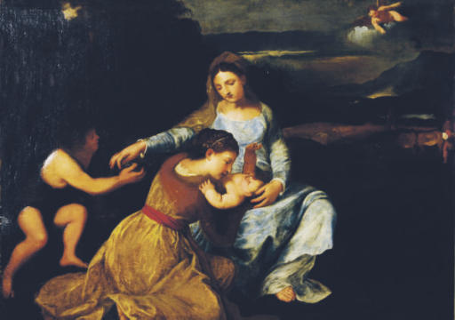 Titian — Мадонна с младенцем, Святой Екатериной и святым Иоанном Крестителем на фоне пейзажа
