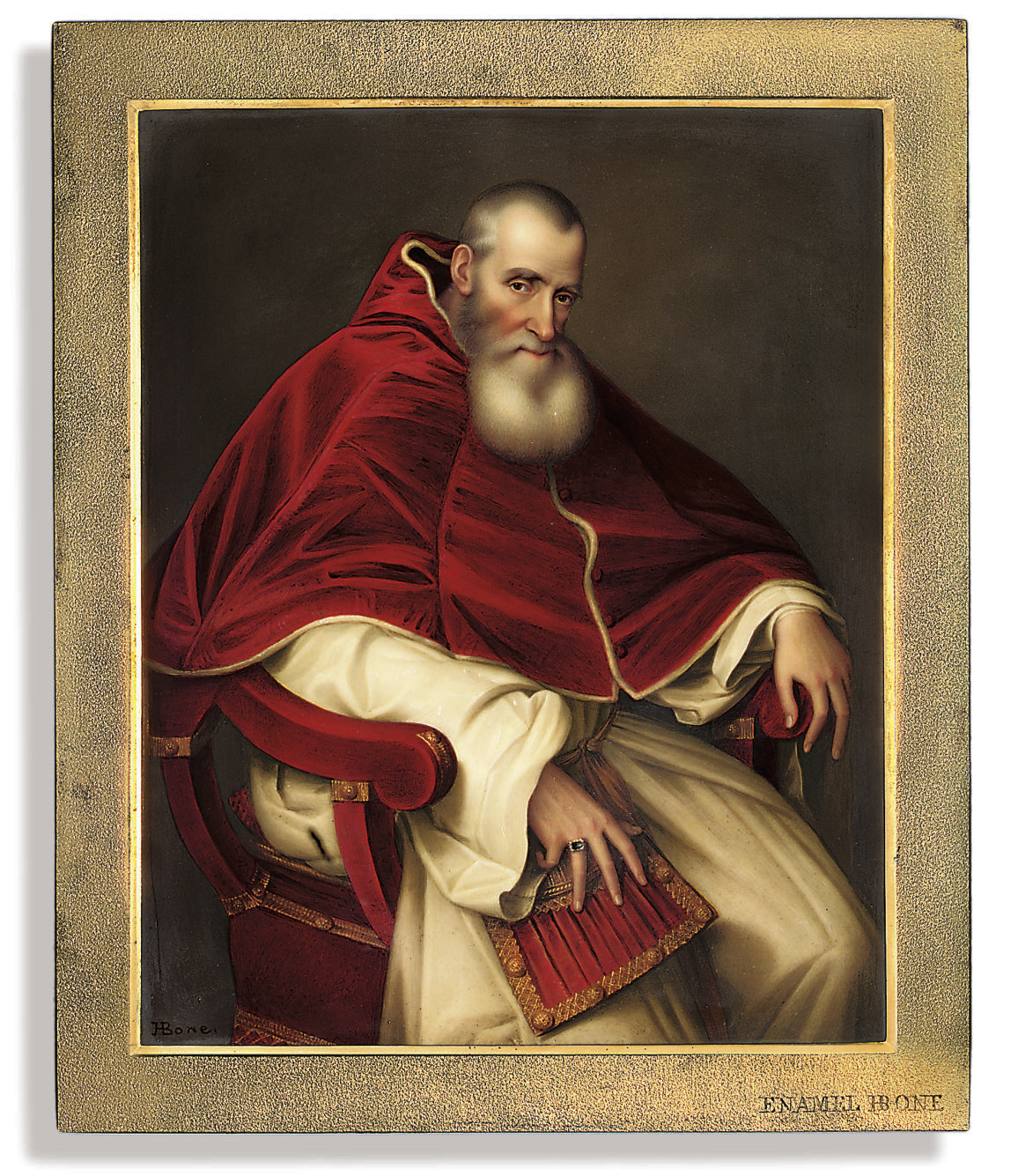 Titian — Алессандро Фарнезе (1468-1549), папа Павел III (1534-1549), сидящий в три четверти роста, в папском одеянии