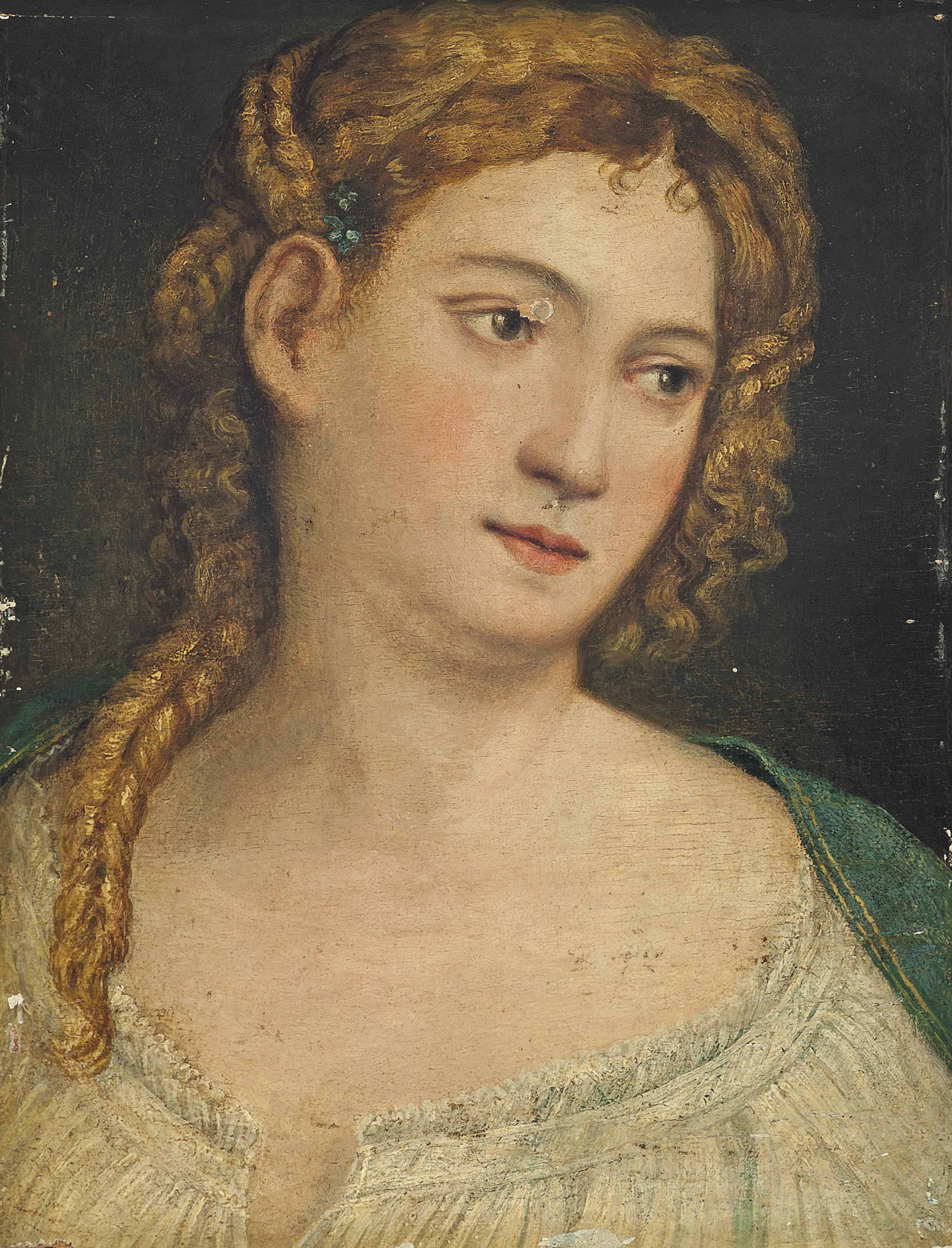 Titian — Портрет дамы, длиной до груди, в белой рубашке