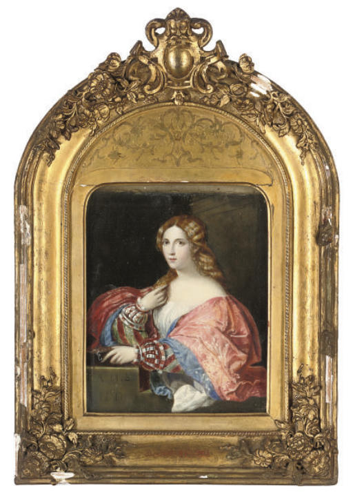Titian — Портрет молодой женщины по имени "Ла Белла", длиной до груди, в белом платье с красно-синей шалью; Портрет молодой девушки в три четверти роста, в золотисто-коричневом платье, с подносом для фруктов в руках.