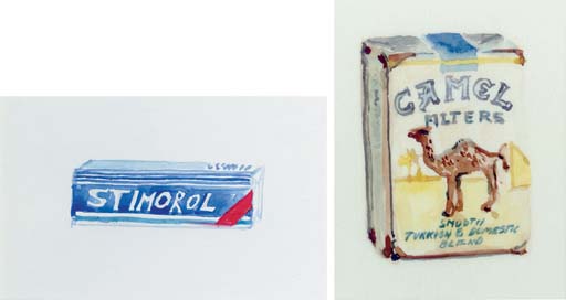 Tony Oursler — Бумага, акварель и гуашь без названия (Stimorol), 10 х 13 ¼ дюйма (25,4 х 33,7 см). Без названия (Camel Filters) бумага, акварель и гуашь, 14 х 11 дюймов (35,6 х 27,9 см) (2)