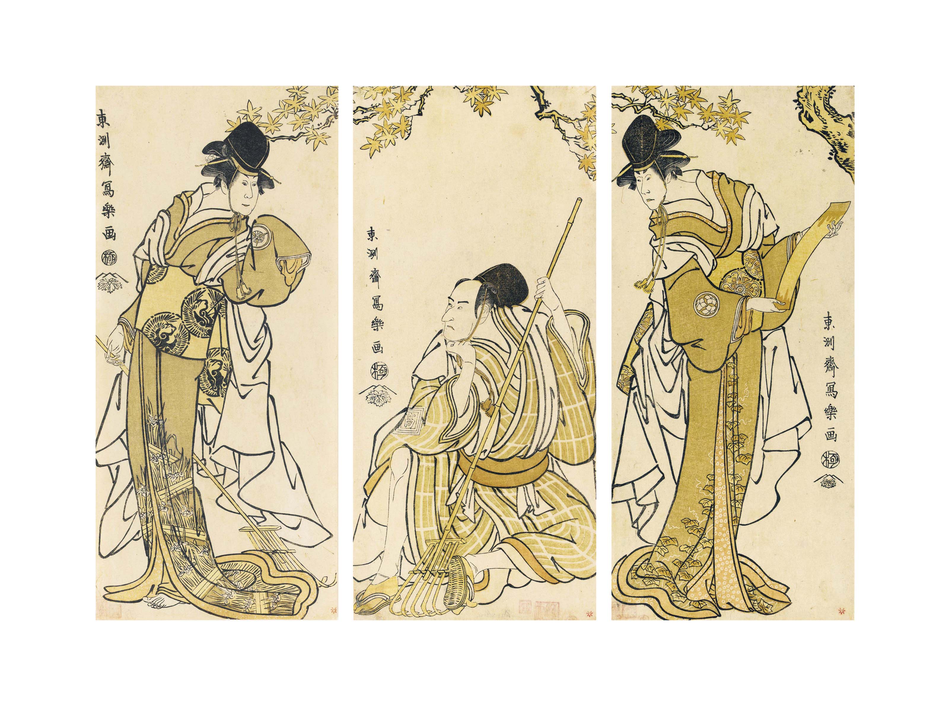 Toshusai Sharaku — Осагава Цунэйо II в роли Кодзимы, жены Бинго Сабуро (справа) Итикава Комадзо III в роли Нитты Есисады, которого слуга Нитты, Оямада Таро Такаи, изображает садовником (в центре) Иваи Хансиро IV в роли Тихаи, младшей сестры синтоистского священника Кенко (слева)