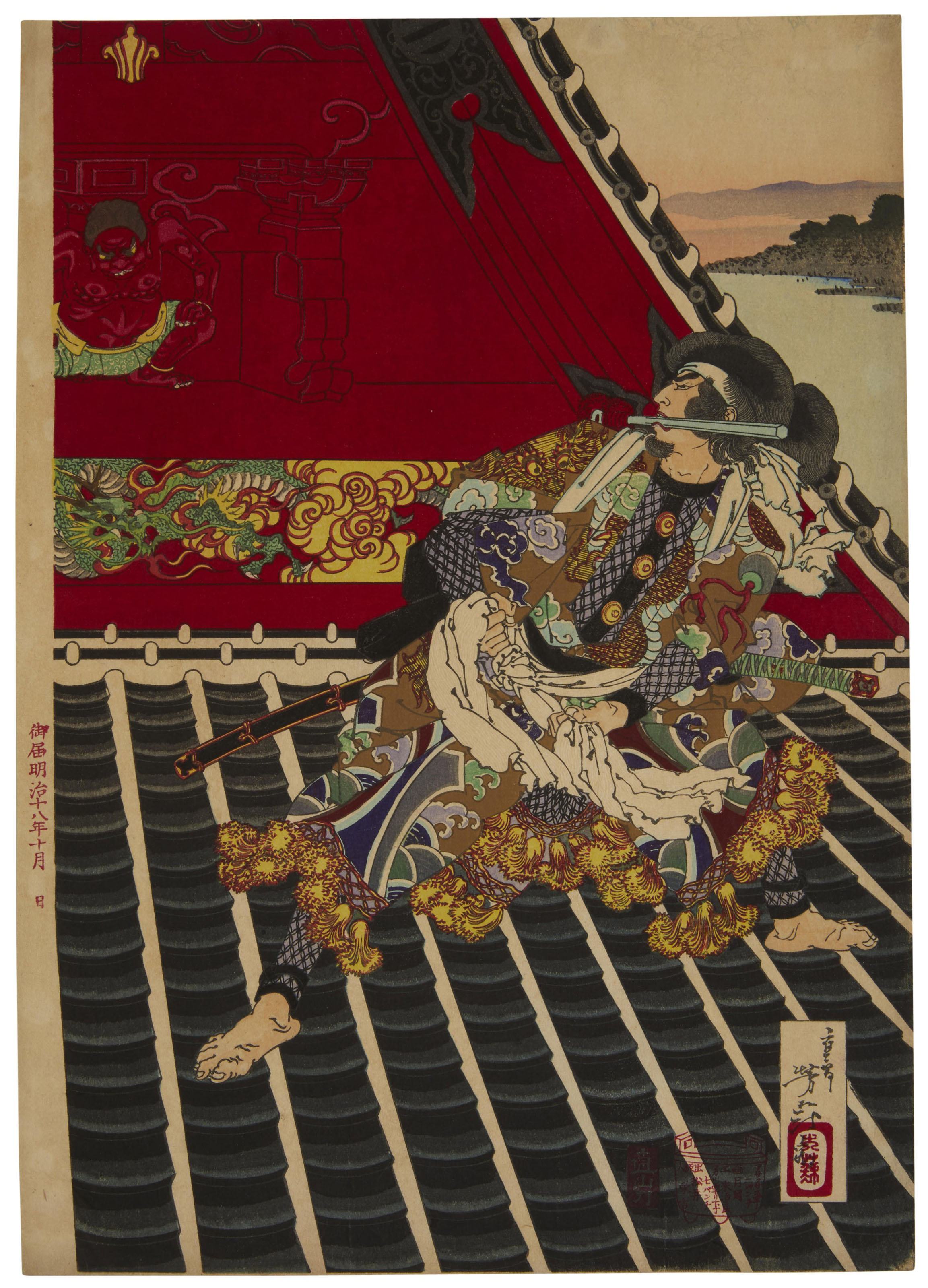 Tsukioka Yoshitoshi — Хорюкаку рею цутому (Двое храбрецов на крыше Хорюкаку), изображение 3