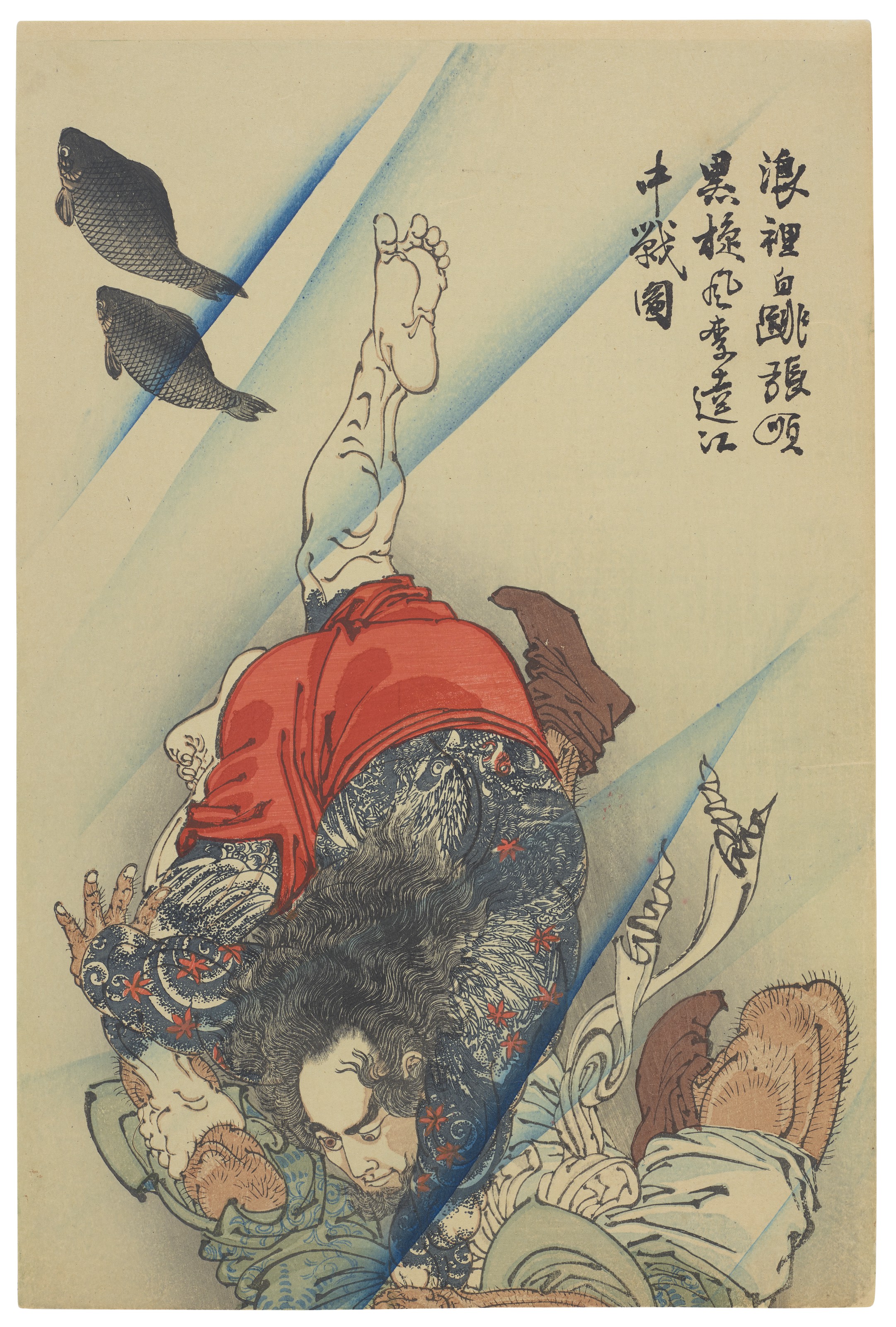 Tsukioka Yoshitoshi — Чо Чжун, белая полоса в волнах, борется в реке с Ри Ки, Черным вихрем., изображение 2