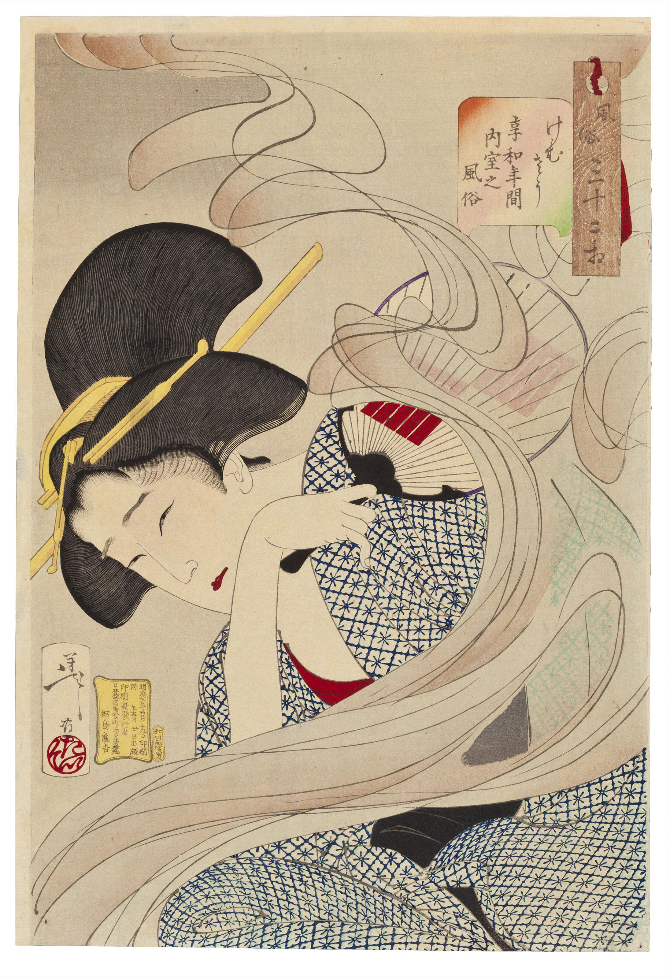 Tsukioka Yoshitoshi — Кемута со (выглядит дымчато) кева ненкан шицунай но фузоку (Манеры домашней жены периода Кева)