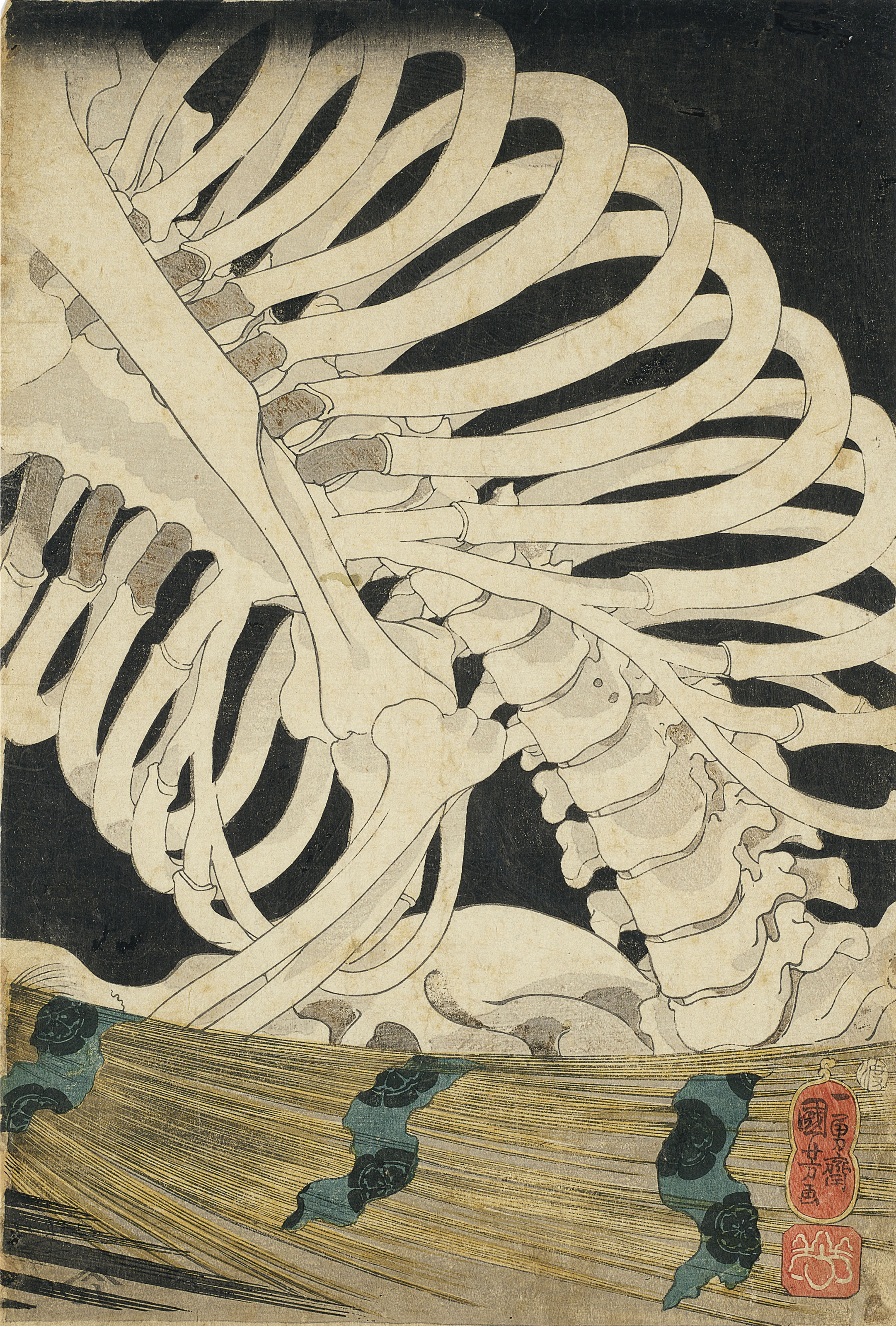 Utagawa Kuniyoshi — Сома но фурудайри ни Масакадо химэгими Такияша едзюцу о мотте миката о ацумуру (В разрушенном дворце [Тайры] Масакадо в Соме его дочь принцесса Такияша использует магию, чтобы призвать союзников [скелета-монстра]), изображение 4