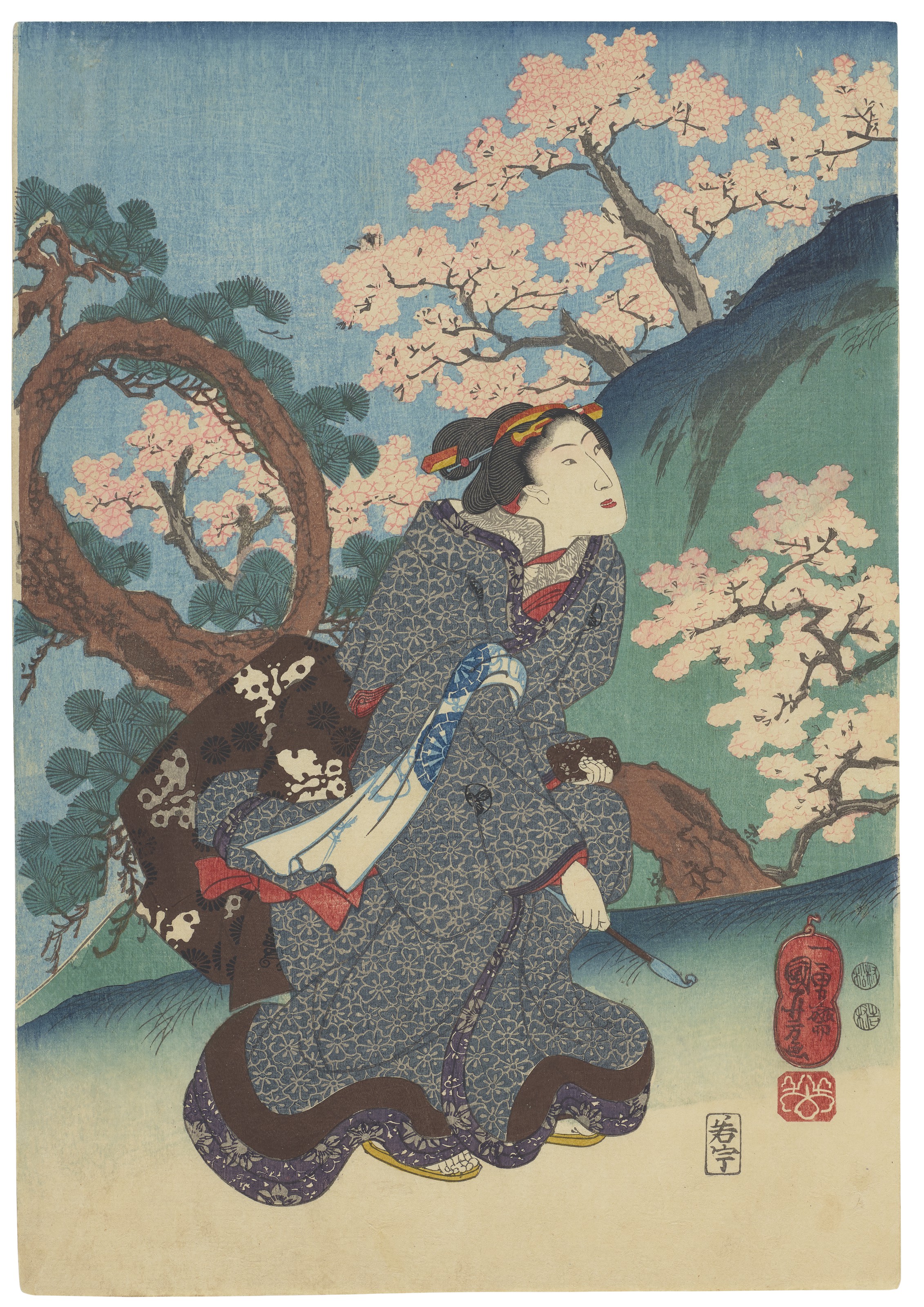 Utagawa Kuniyoshi — Любование цветущей сакурой в Тойзане, изображение 3