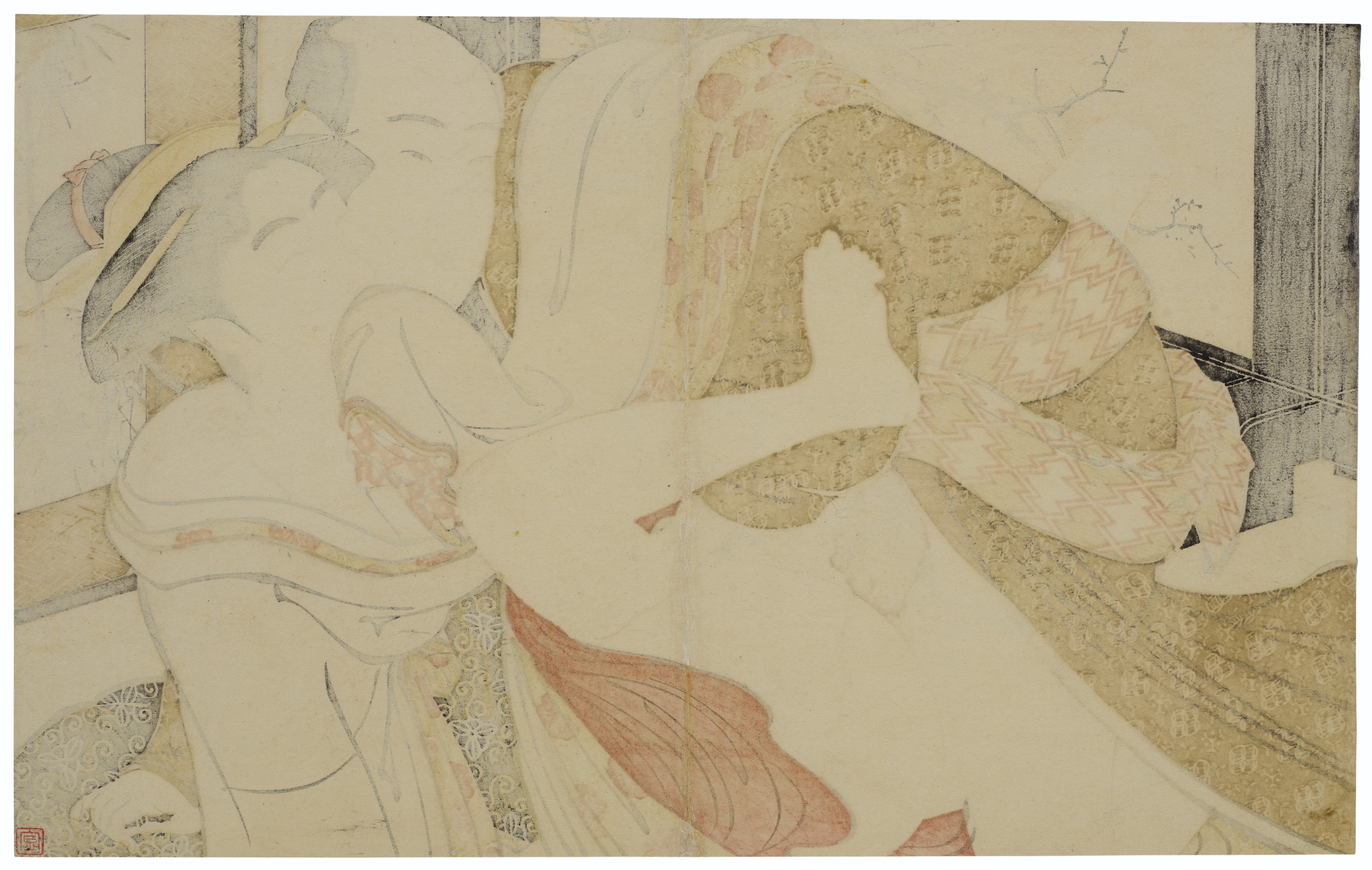 Utamaro Kitagawa — Влюбленные перед цветущей сливой и бамбуковыми ширмами, изображение 2
