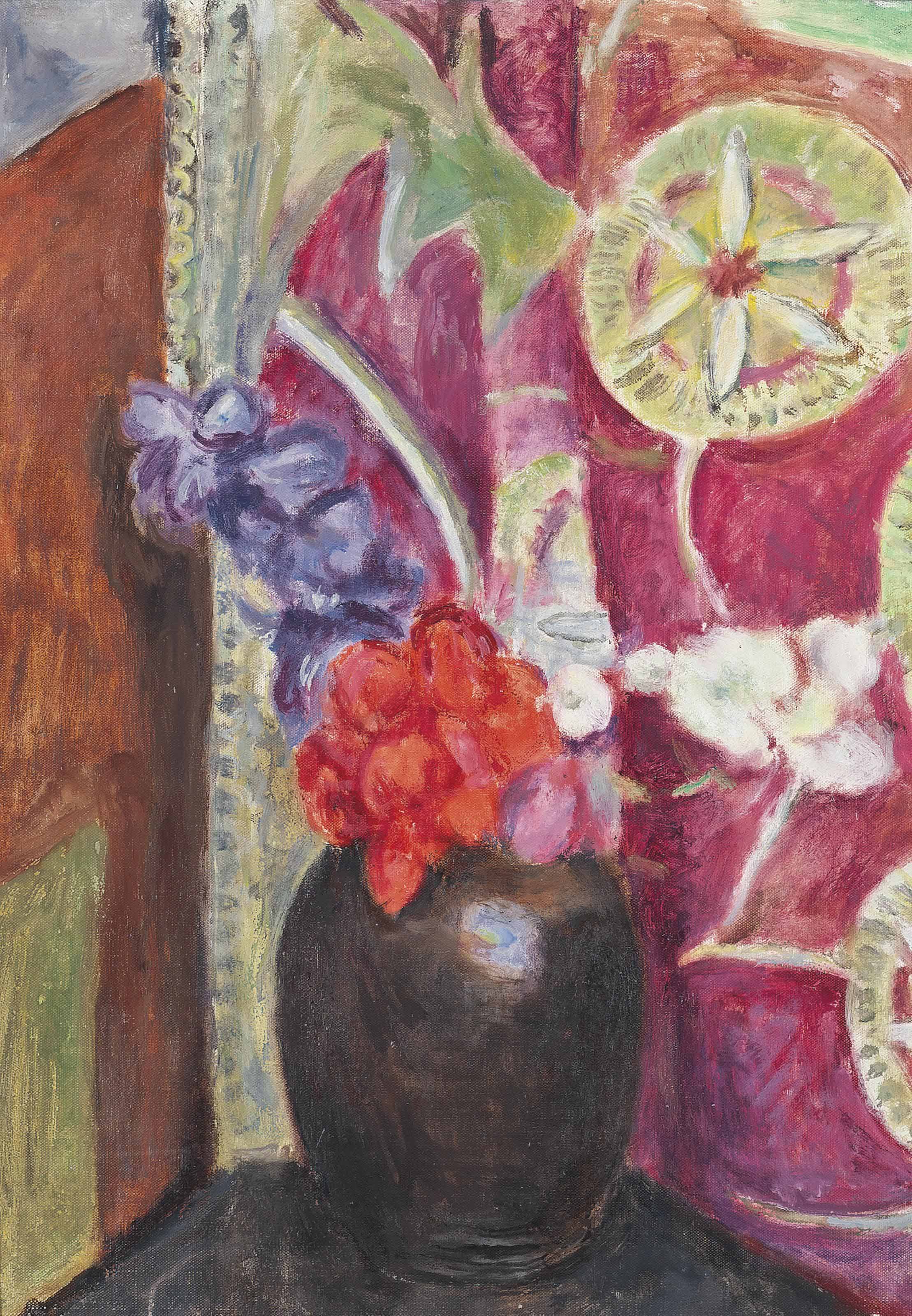 Vanessa Bell — Красные и синие цветы в черной вазе
