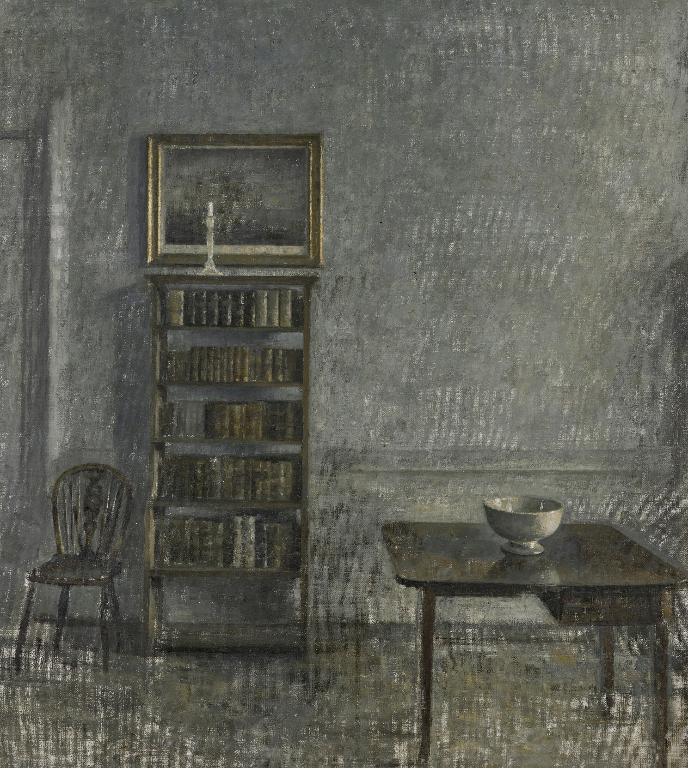 Vilhelm Hammershøi — Интерьер со столом, книжным шкафом и виндзорским стулом, 25 м2