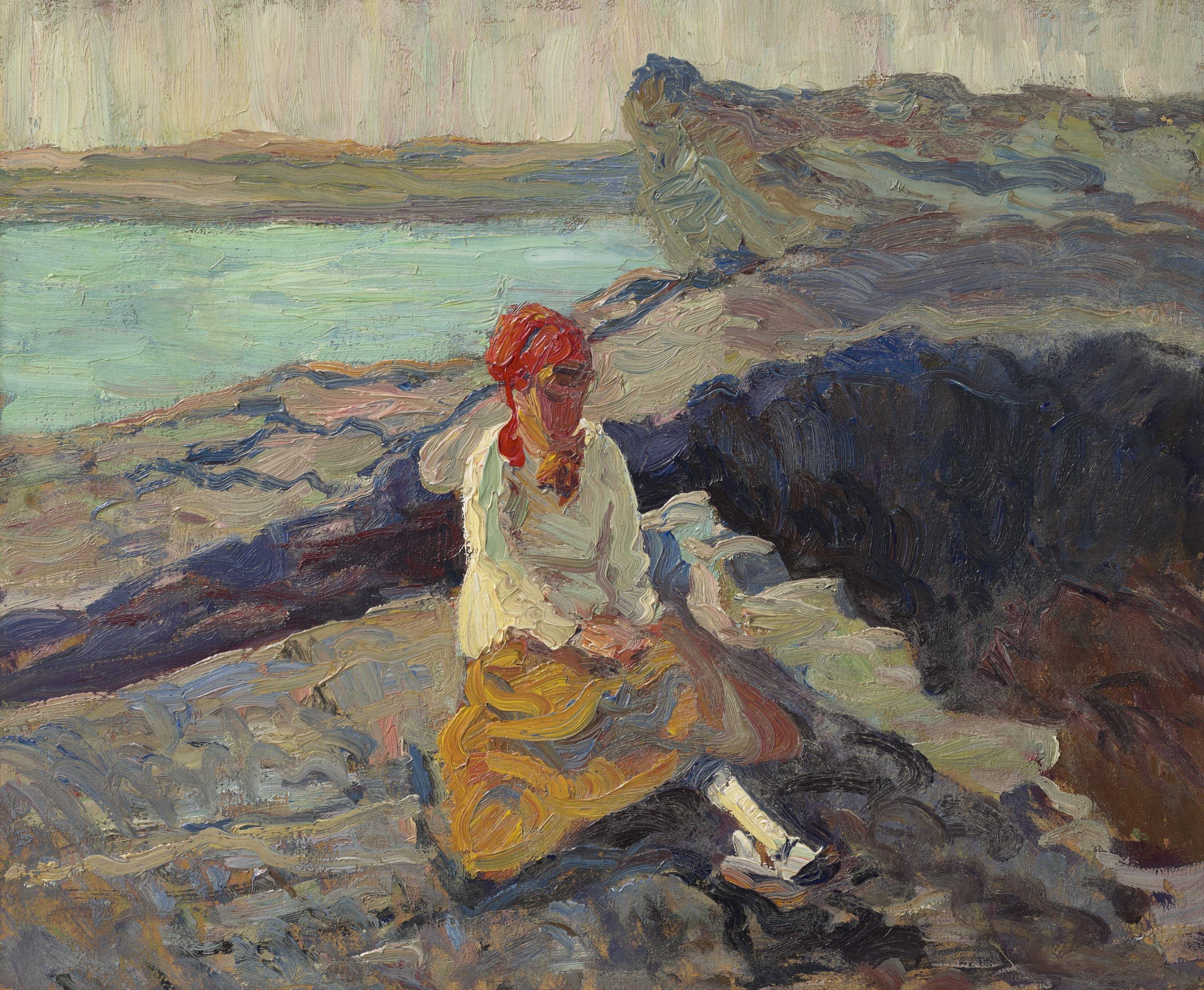 Walt Kuhn — Женщина в красном шарфе на берегу моря