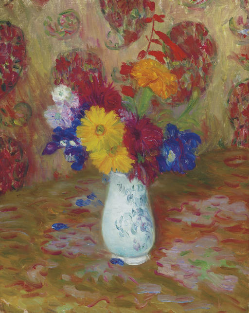 William Glackens — Цветы на фоне узора из пальмовых листьев